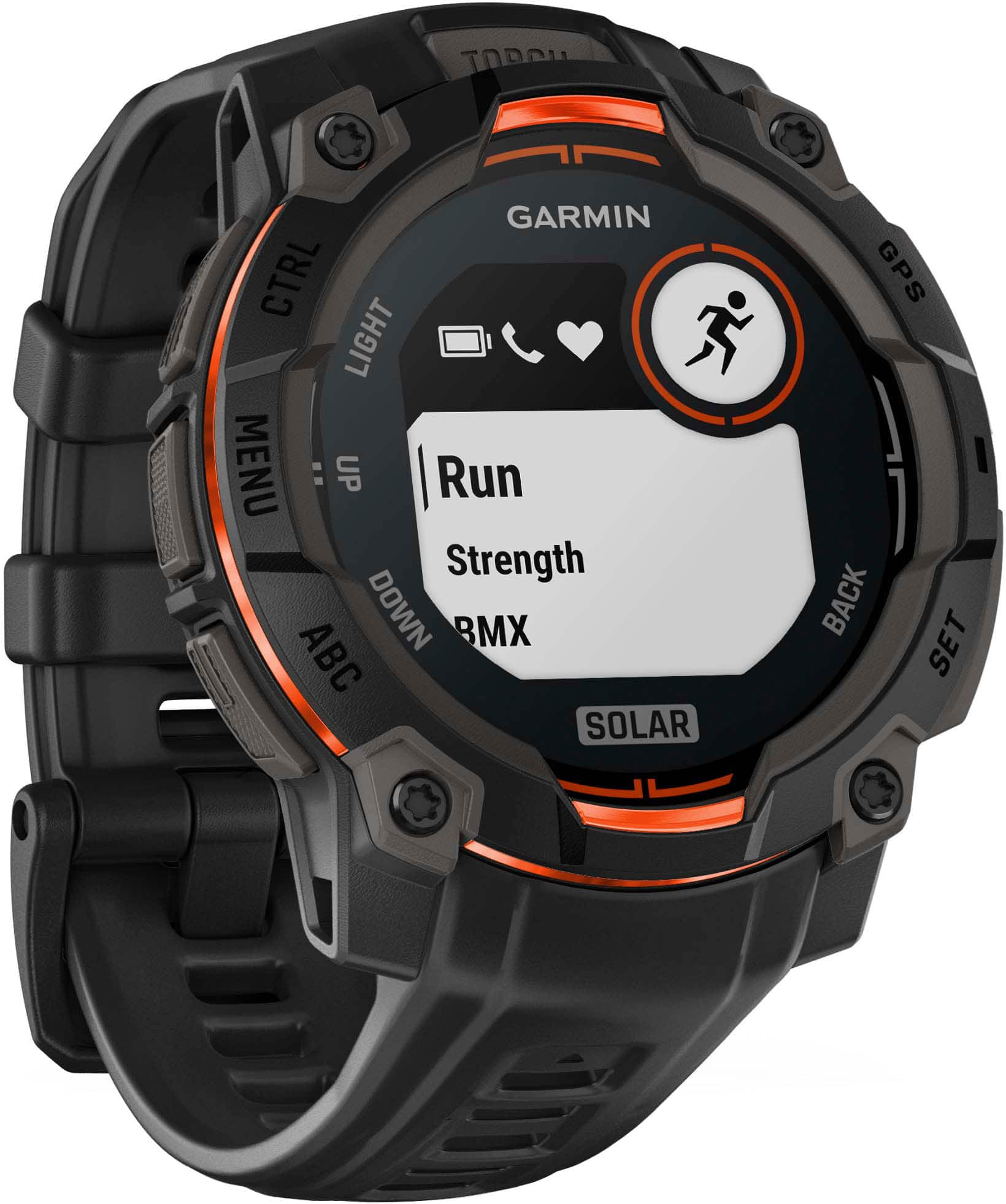 The text on the image reads: "Garmin CTRL LIGHT MENU : UP Run Strength DOWN BMX ABC SOLAR GPS BACK SET".