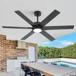 Breezary - 60-In LED Ceiling Fan with Light, 6 Plywood Blades, 6-Speed DC Motor, Remote, 3CCT, 6"/12" Downrods - 60-inch Black