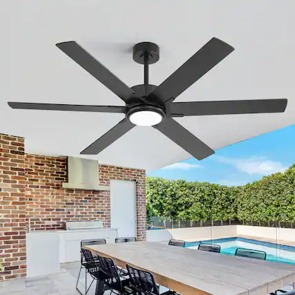 Front. Breezary - 60-In LED Ceiling Fan with Light, 6 Plywood Blades, 6-Speed DC Motor, Remote, 3CCT, 6"/12" Downrods - 60-inch Black.