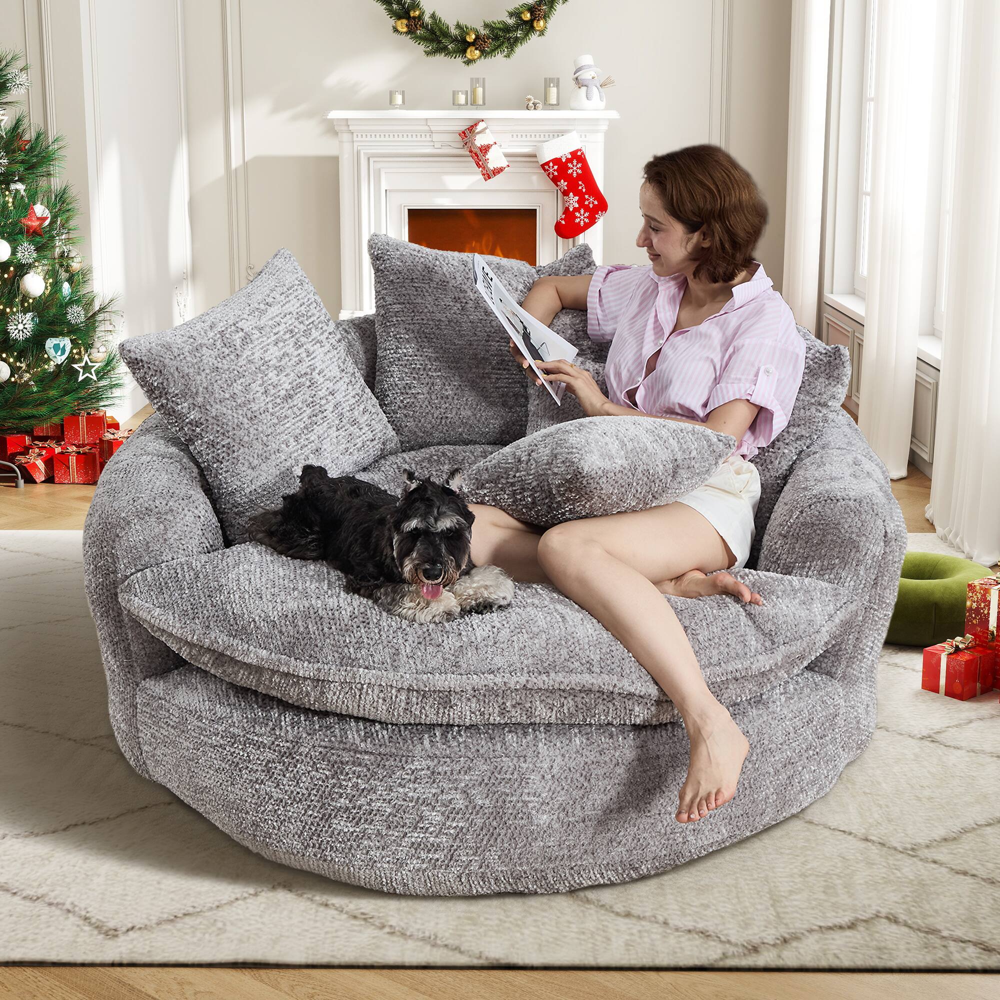 Alt View 1. Aukfa - 55" Long Polyester Foam Armchair - Oversized Round Chair, Fluffy Modern Sofa Bed for Living/Relaxation/Projection Room - Light gray.