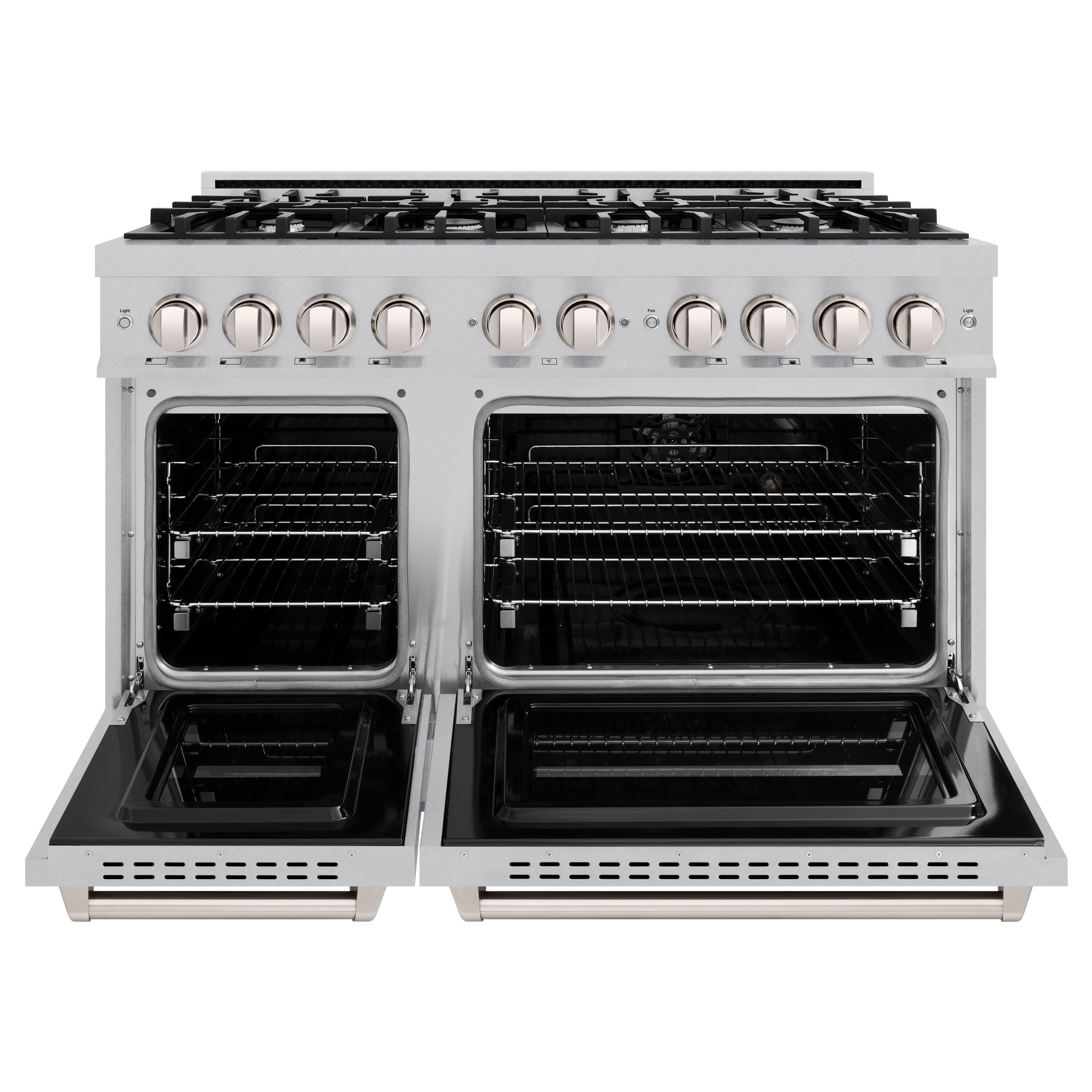 Angle. ZLINE - ZLINE 48 in. Classic Double Oven Dual Fuel Range w/ 8 Burners in Satin Steel Stainless Steel (CDRS-48) - Stainless Steel.