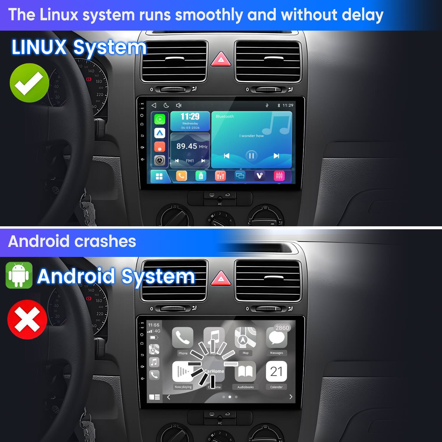 The Linux system runs smoothly and without delay

LINUX System

I wonder how
89.45 MHz
FM1
40

Android crashes

Android System