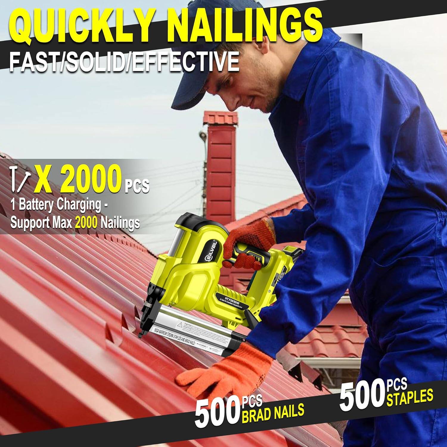 QUICKLY NAILINGS FAST/SOLID/EFFECTIVE 1/ X 2000 PCS 1 Battery Charging- Support Max 2000 Nailings 500 PCS BRAD NAILS 500 PCS STAPLES
