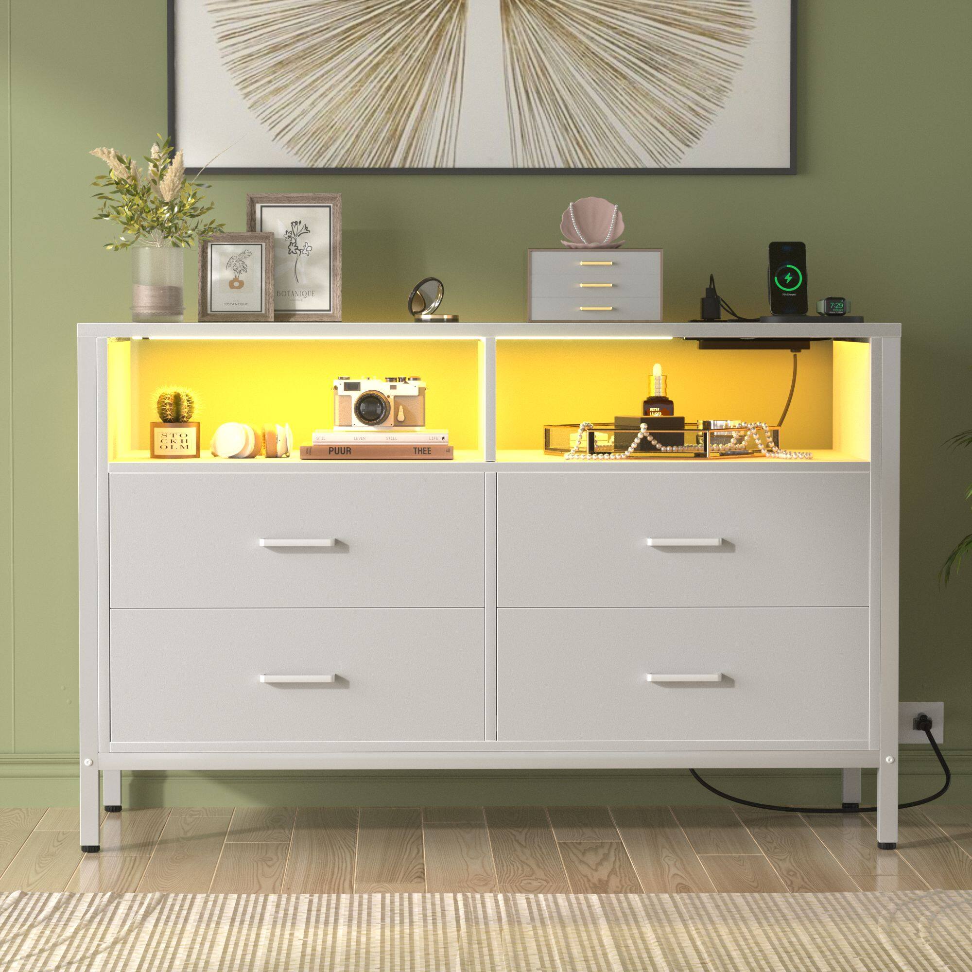 Aheaplus - 4 Drawer Dresser with Power Outlet and LED Light, 43.3'' Wide Storage Cabinet with Open Shelves - White