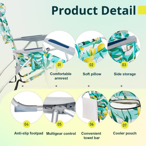 Product Detail

01 Comfortable armrest  
02 Soft pillow  
03 Side storage  
04 Anti-slip footpad  
05 Multigear control  
06 Convenient towel bar  
07 Cooler pouch