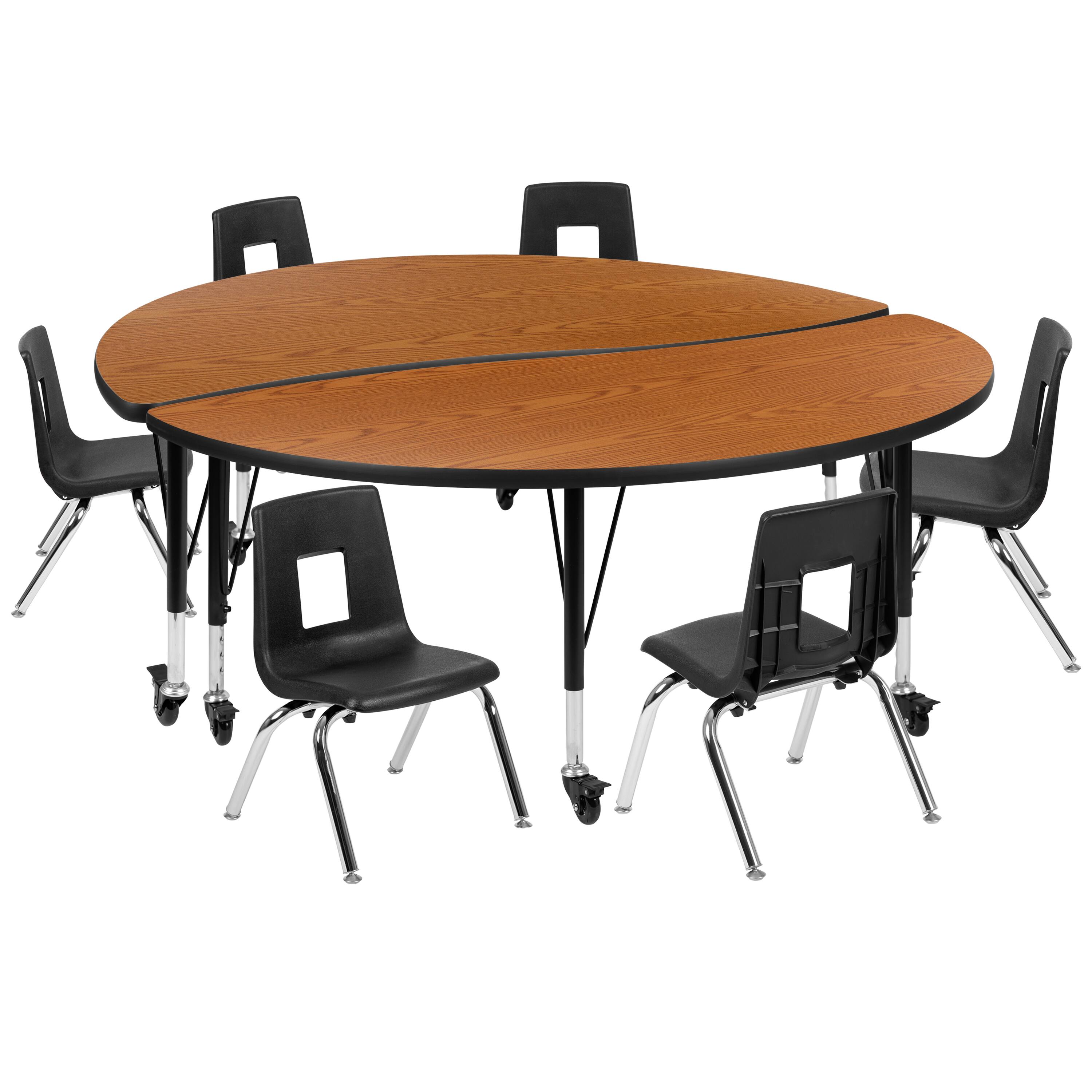 Alt View 1. Emma + Oliver - Mobile 60" Circle Wave Collaborative Laminate Activity Table Set with 12" Student Stack Chairs, Grey/Black - Oak.