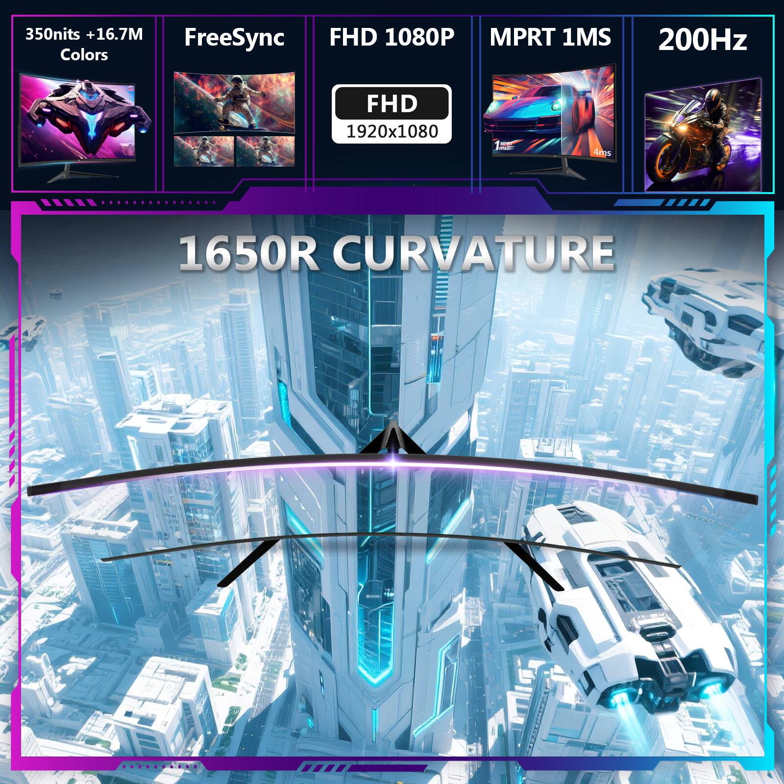 350 nits + 16.7M Colors  
FreeSync  
FHD 1080P  
MPRT 1MS  
200Hz  
FHD 1920x1080  
4ms  
1650R CURVATURE
