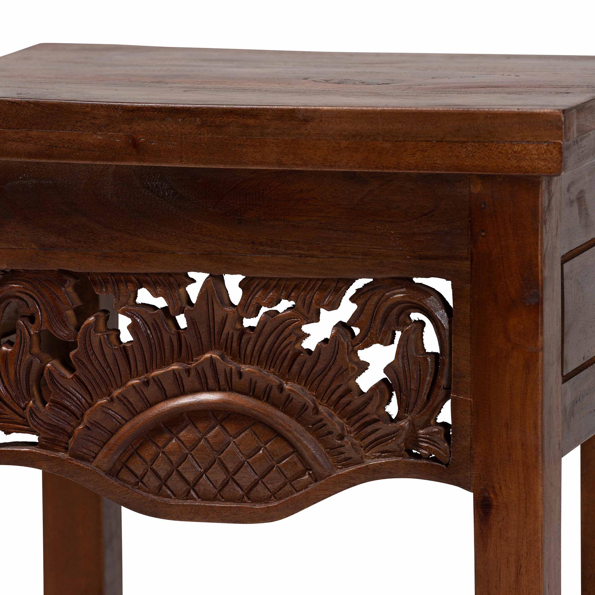 Alt View 1. bali & pari - Alexandra Handcarved Mahogany Wood Nightstand – Decorative Accent Table with Lower Shelf, Traditional Artisan Furniture - Mahogany Brown.