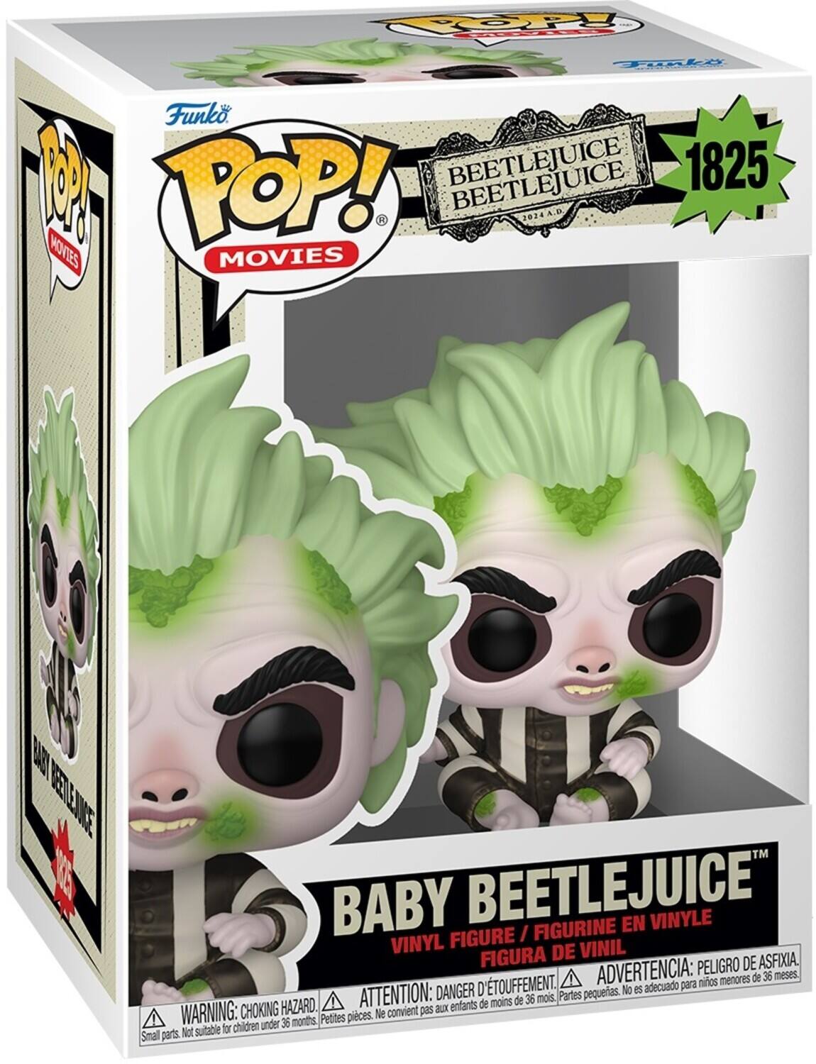 Sure, here is the corrected and grouped text from the image:

---

**Top Left:**
- POP! MOVIES

**Top Center:**
- Funko
- POP! MOVIES
- BEETLEJUICE BEETLEJUICE 2024 A.D.
- 1825

**Center:**
- BABY BEETLEJUICE™
- VINYL FIGURE / FIGURINE EN VINYLE
- FIGURA DE VINIL

**Bottom Center:**
- WARNING: CHOKING HAZARD. Small parts. Not suitable for children under 36 months.
- ATTENTION: DANGER DE TETEUFEMENT. Petites pièces. Ne convient pas aux enfants de moins de 36 mois.
- ADVERTENCIA: PELEIGRO DE ASFIXIA. Partes pequeñas. No es adecuado para niños menores de 36 meses.

**Bottom Left:**
- BABY BEETLEJUICE

**Bottom Right:**
- Funko

---