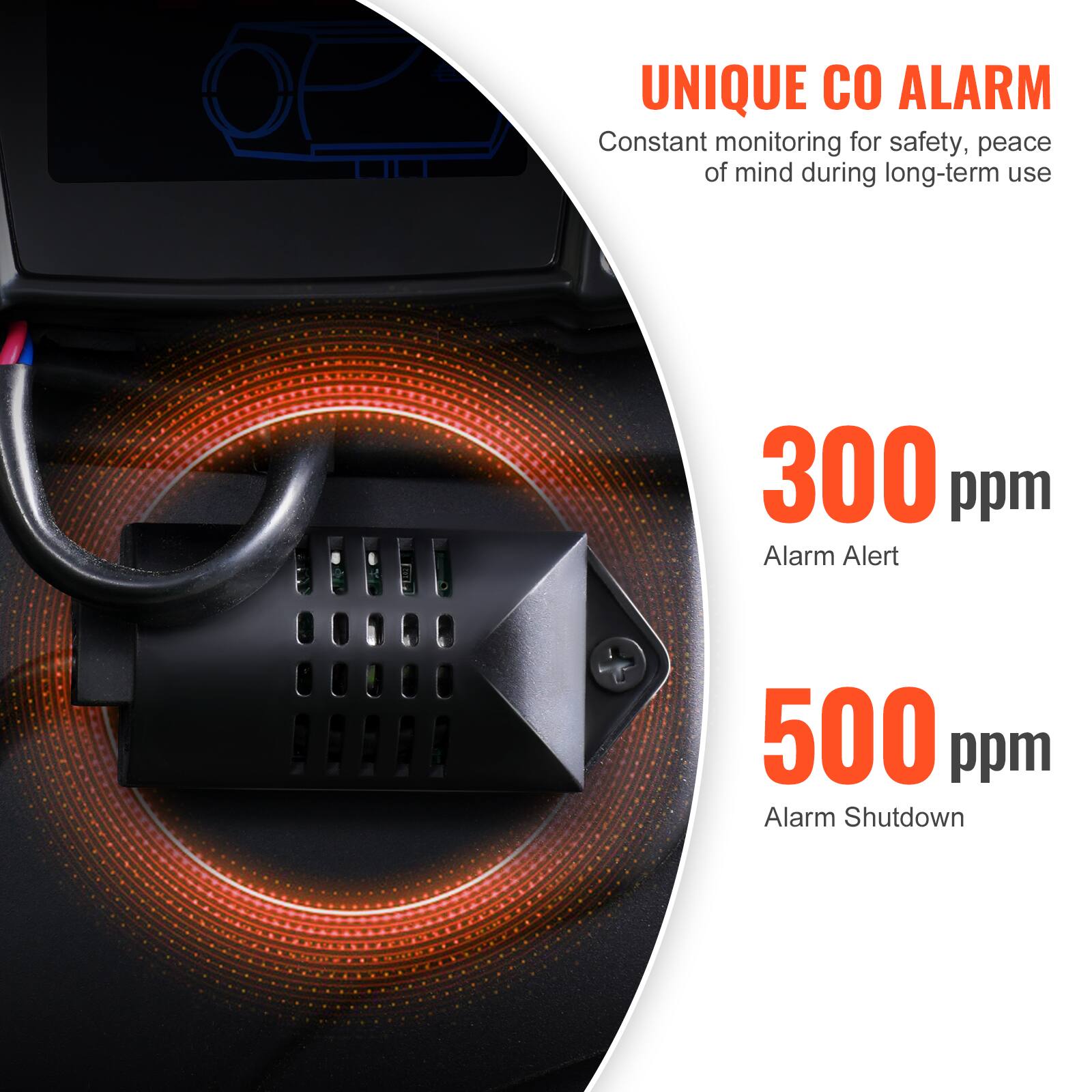 UNIQUE CO ALARM  
Constant monitoring for safety, peace of mind during long-term use  

300 ppm  
Alarm Alert  

500 ppm  
Alarm Shutdown