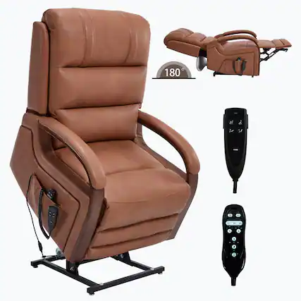 Front. LUCKY ONE - Faux Leather Power Lift Recliner Chair with Infinite Position, Massage and Solid Wood Armrests - Orange.