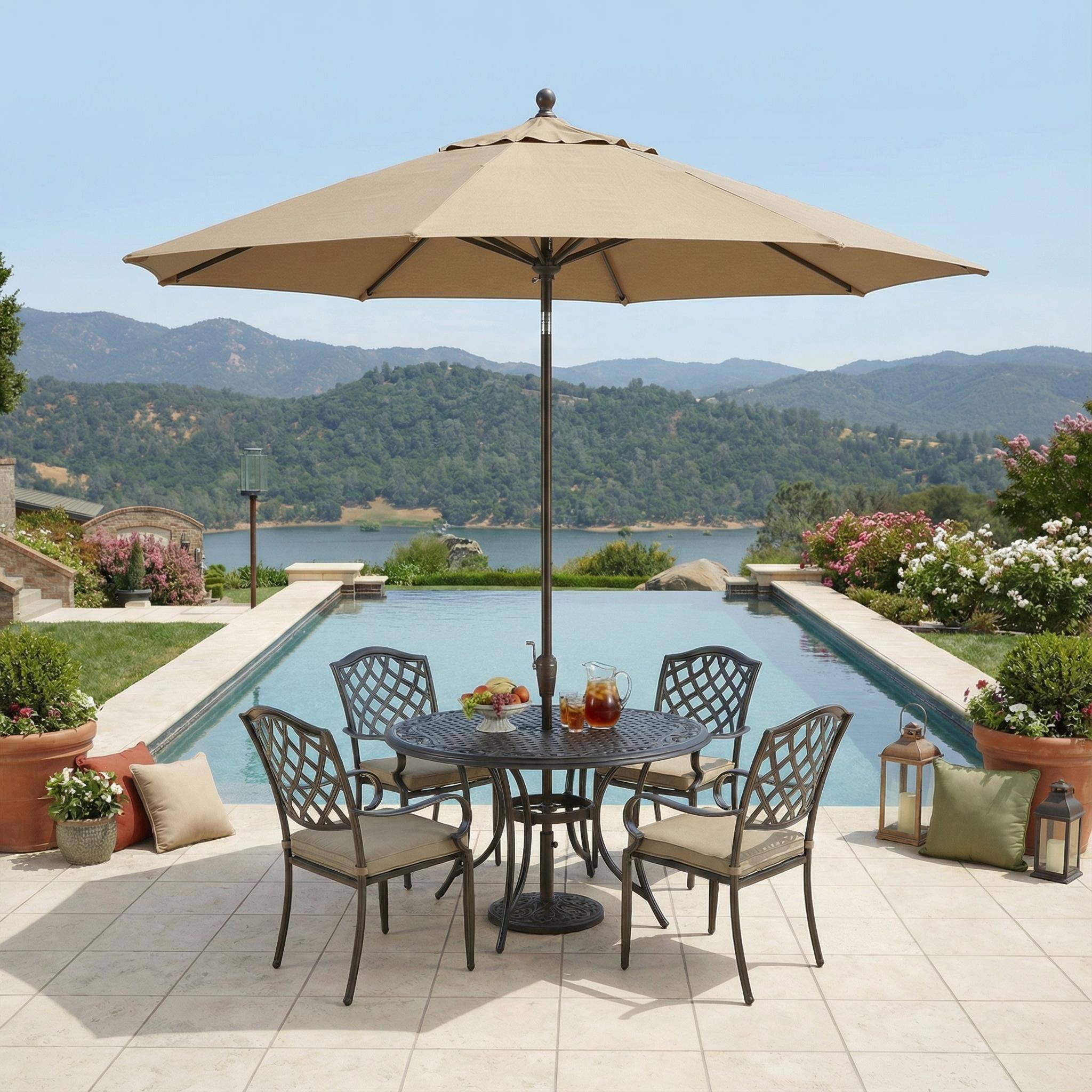 Back. Mondawe - 5-Piece Outdoor Cast Aluminum Dining Set with Round Umbrella Hole Table and Cushioned Chairs - Bronze+Grey.