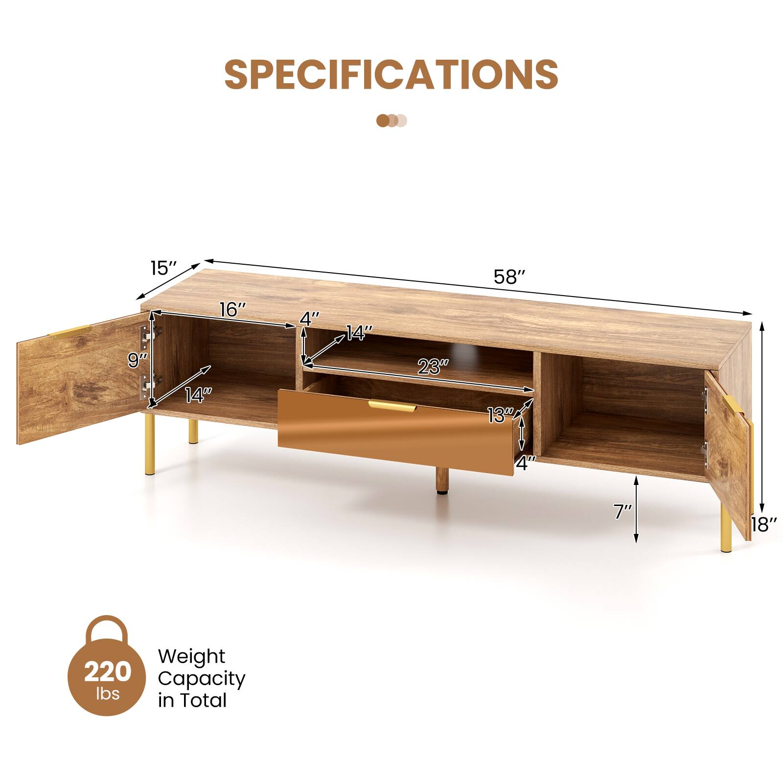 SPECIFICATIONS

- Length: 58"
- Width: 16"
- Height: 15"
- Drawer Height: 4"
- Drawer Width: 14"
- Shelf Height: 9"
- Shelf Width: 14"
- Shelf Depth: 23"
- Drawer Depth: 13"
- Drawer Height: 4"
- Drawer Width: 7"
- Drawer Depth: 18"

Weight Capacity: 220 lbs in Total