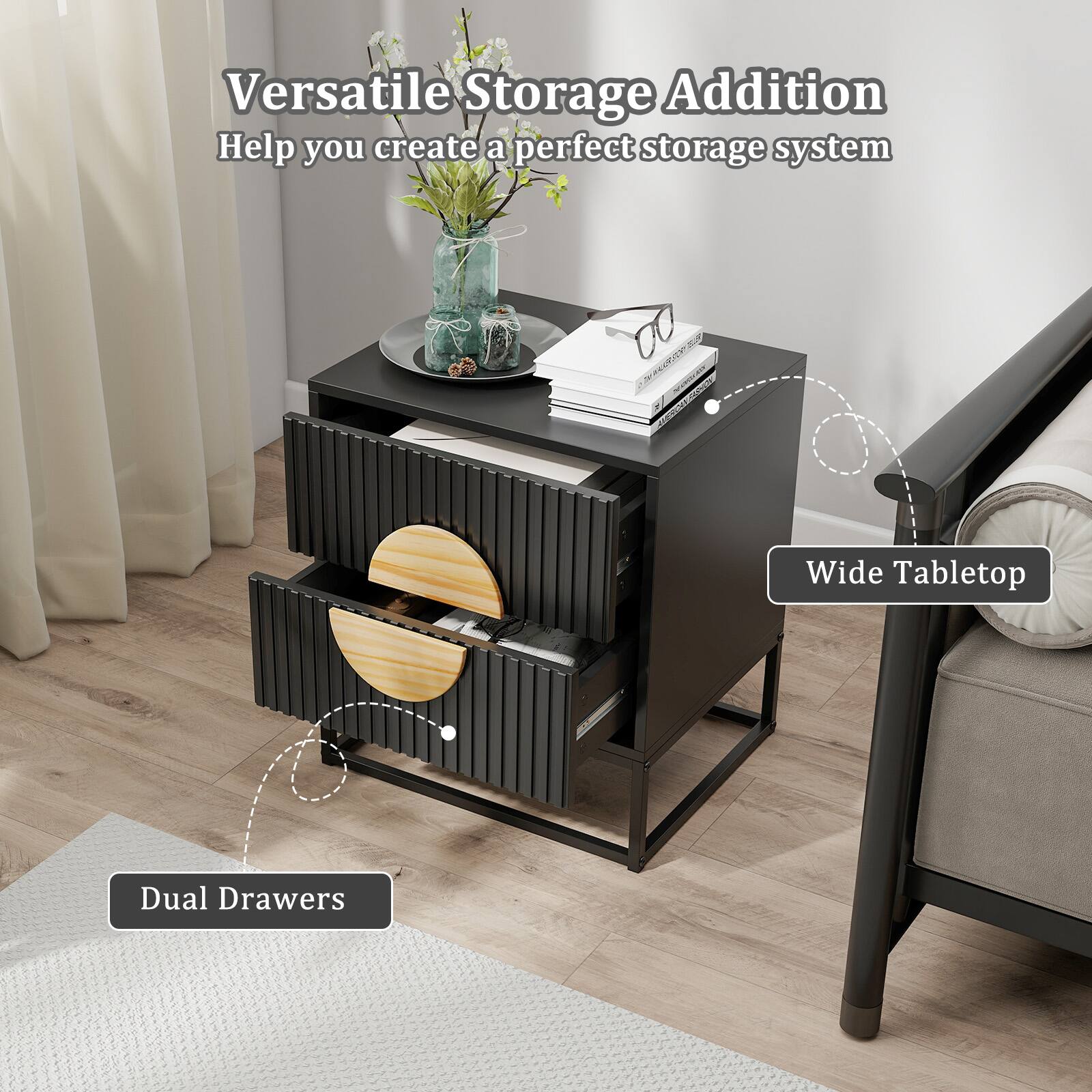 Versatile Storage Addition  
Help you create a perfect storage system  

Wide Tabletop  
Dual Drawers