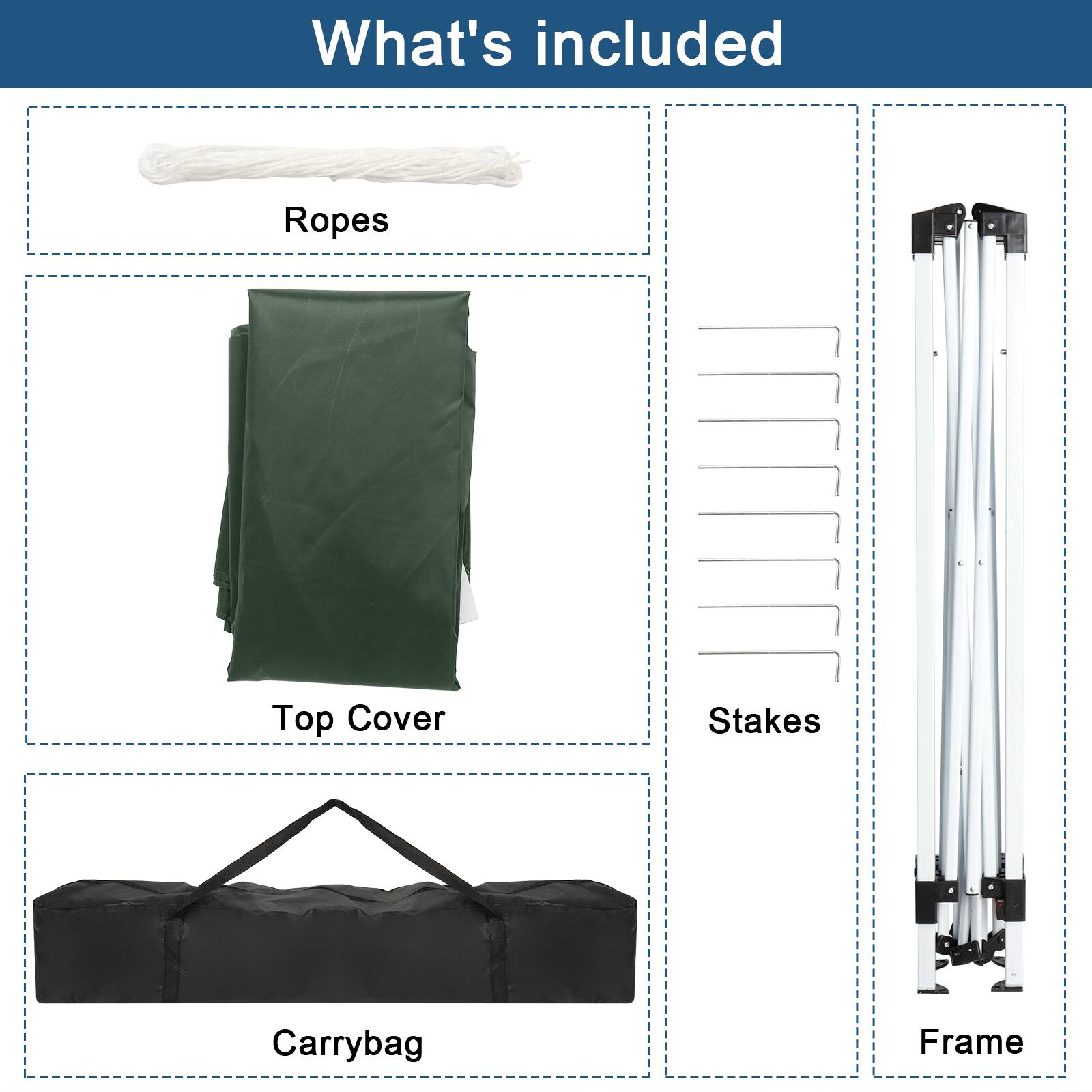 What's included

- Ropes
- Top Cover
- Stakes
- Carrybag
- Frame