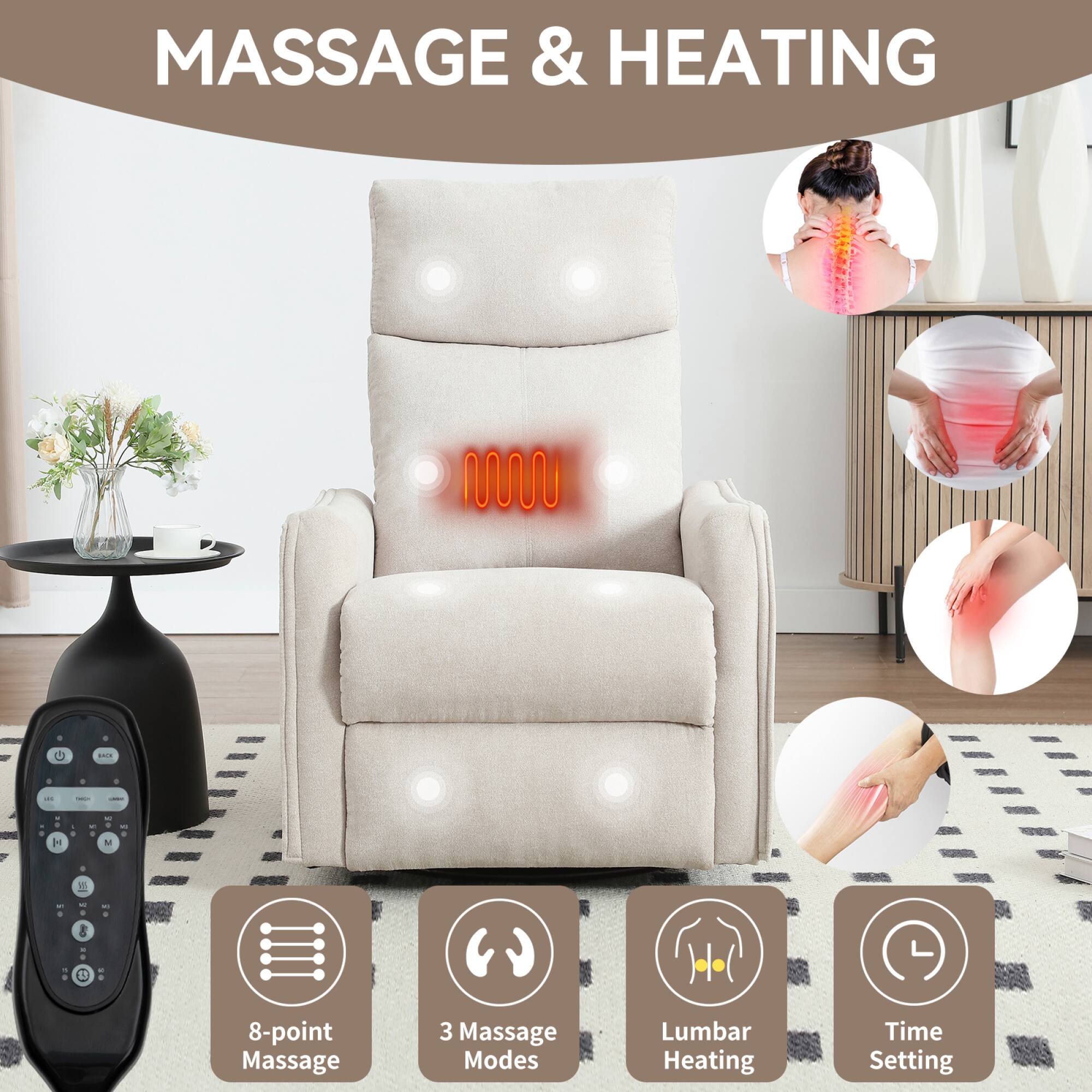 MASSAGE & HEATING

- 8-point Massage
- 3 Massage Modes
- Lumbar Heating
- Time Setting