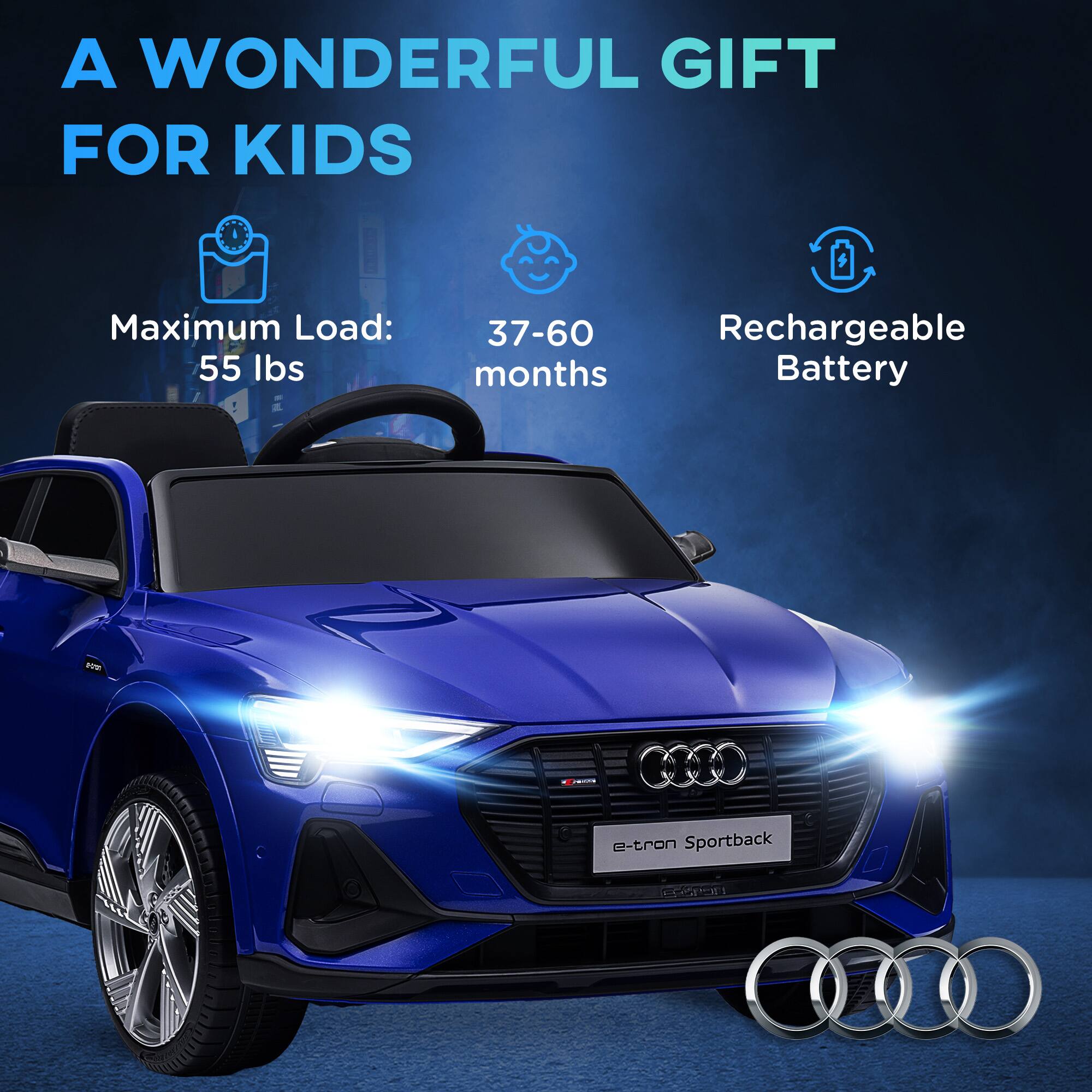 A WONDERFUL GIFT FOR KIDS

- Maximum Load: 55 lbs
- 37-60 months
- Rechargeable Battery

e-tron Sportback
