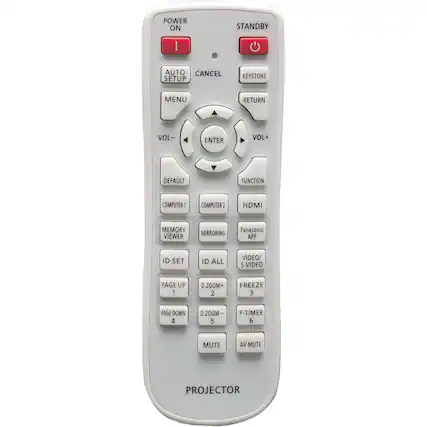 POWER ON
STANDBY
AUTO SETUP
CANCEL
KEYSTONE
MENU
VOL-
ENTER
VOL+
DEFAULT
COMPUTER1
COMPUTER2
HDMI
MEMORY VIEWER
MIRRORING
ID SET
ID ALL
PAGE UP 1
D.ZOOM+ 2
PAGE DOWN 4
D.ZOOM 5
MUTE
P-TIMER 6
AV MUTE
FUNCTION
Panasonic APP
VIDEO/ S-VIDEO
FREEZE 3
PROJECTOR