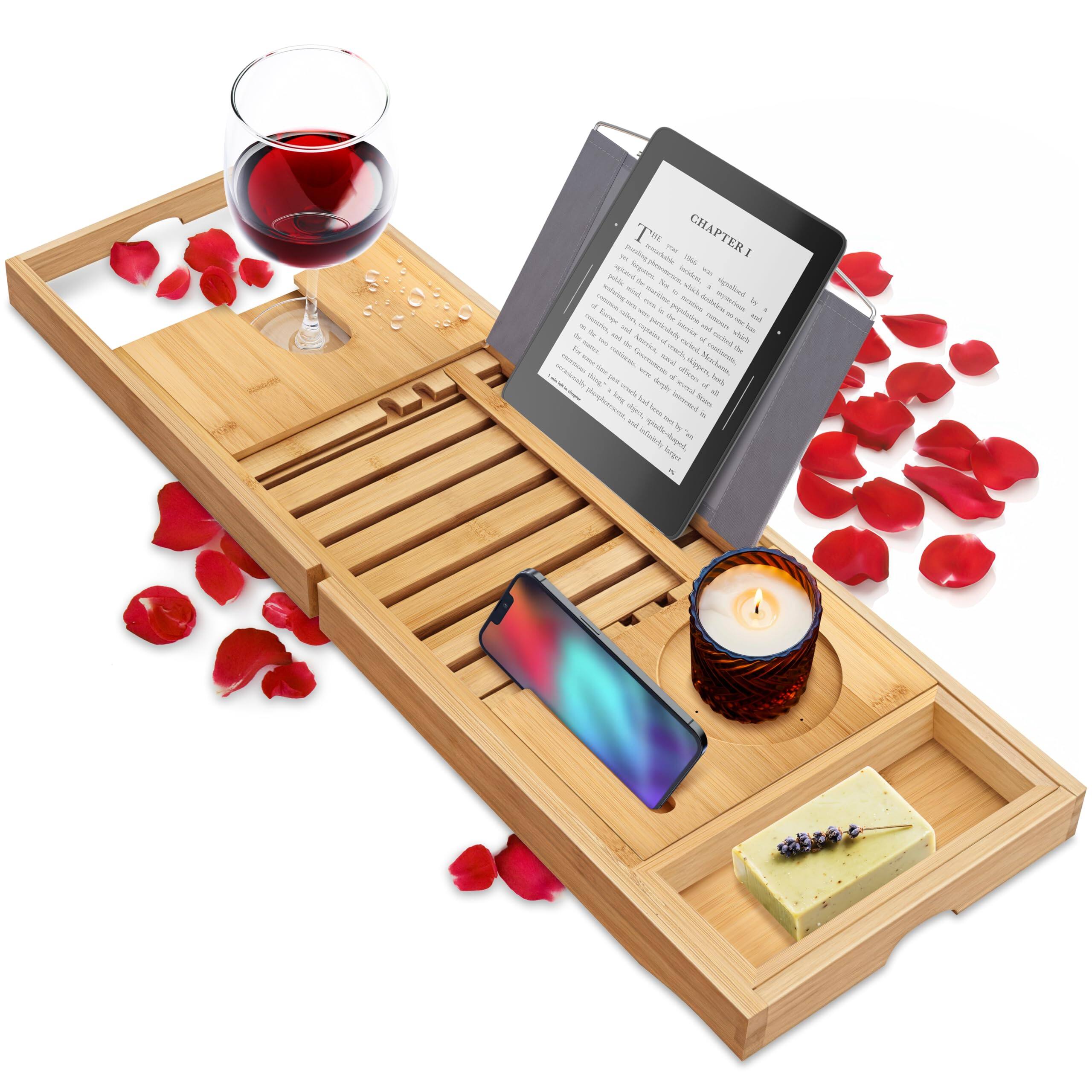 SereneLife - Luxury Bamboo Bathtub Caddy Tray - Adjustable Wood Bath Tub Organizer with Wine Holder - Natural