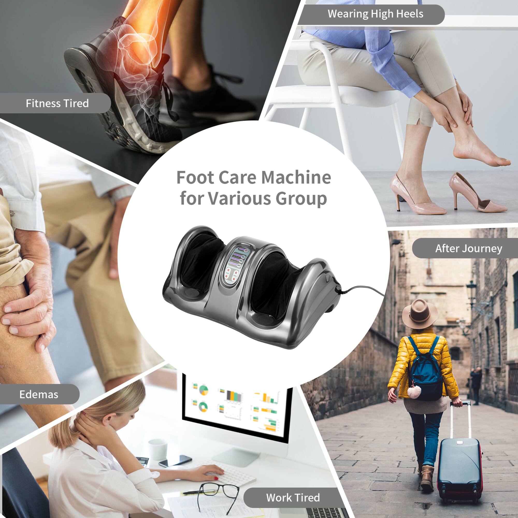 Foot Care Machine for Various Group

- Fitness Tired
- Wearing High Heels
- Edemas
- After Journey
- Work Tired