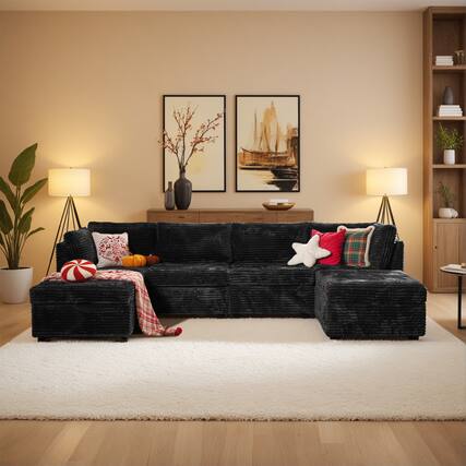 Front. Ovios - 6 PCS Sectional Sofa Modern Sofa Couch U shaped Couch with Ottoman for Living Room - Black.