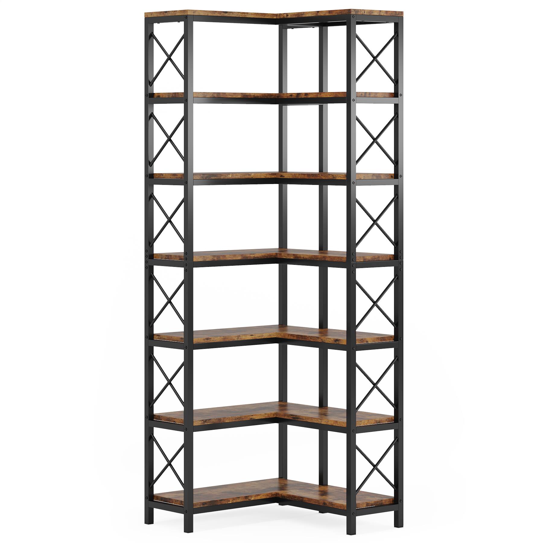 Angle. TinyHomie - 79.53in Tall 7-Tier Large Corner Bookshelf Rustic Brown Wood and Metal Tall Storage Bookcase - Rustic Brown.