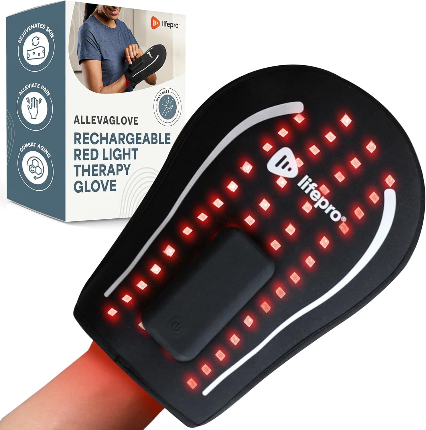 LifePro - AllevaGlove Red Light Therapy Hand Wrap - Cordless 660nm & 850nm Infrared Glove for Joint Support - Black
