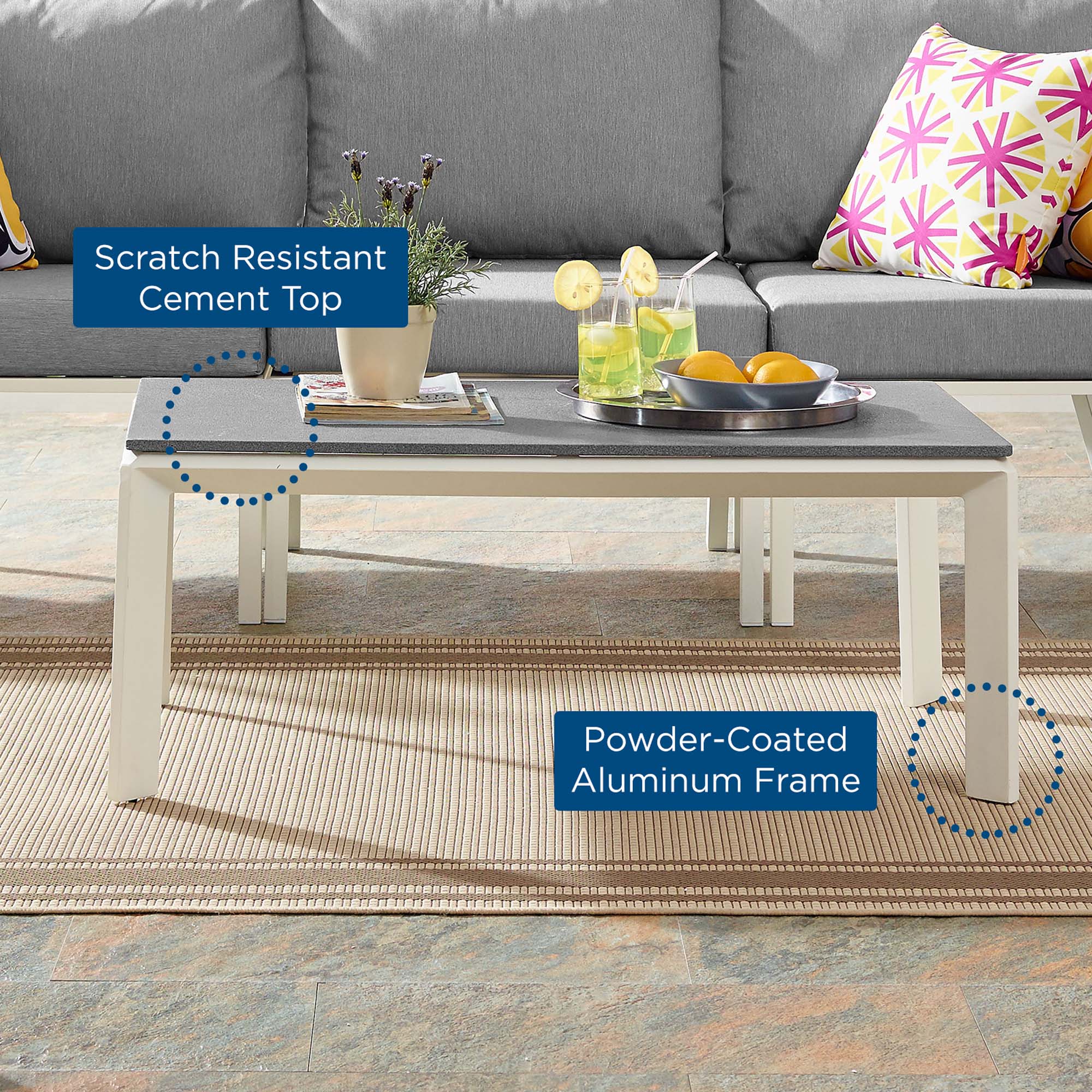 Scratch Resistant Cement Top  
Powder-Coated Aluminum Frame