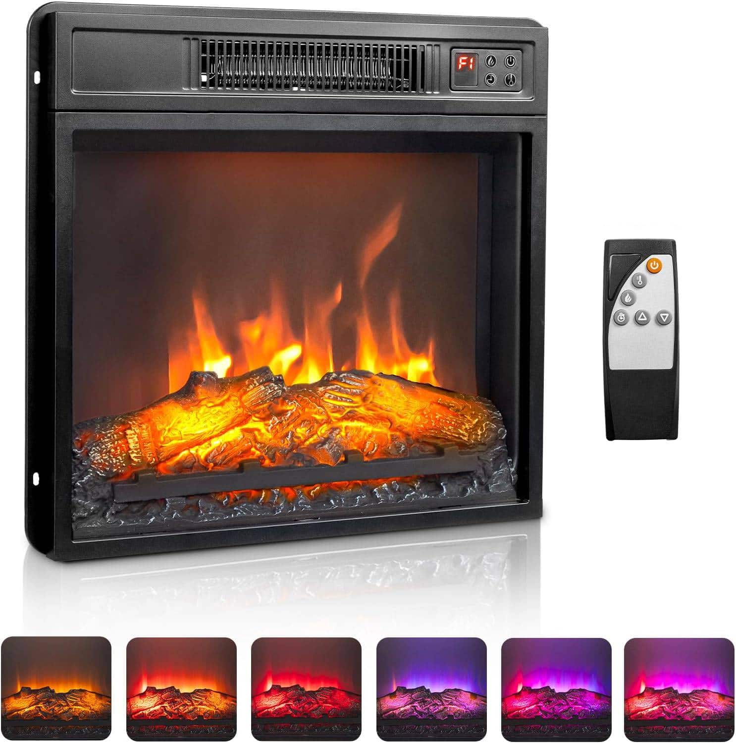 Winado - 18" Electric Fireplace Insert, 1400W Wall Recessed Fireplace Heater with 6 Flame Settings, Remote Control, Thermostat - Black