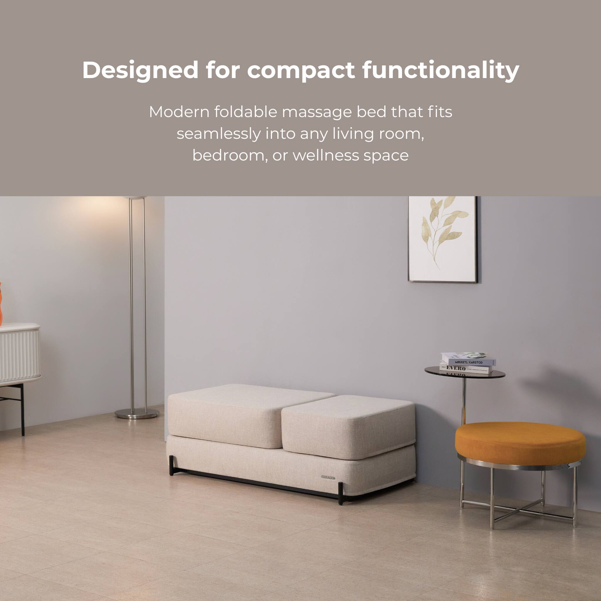 Designed for compact functionality

Modern foldable massage bed that fits seamlessly into any living room, bedroom, or wellness space