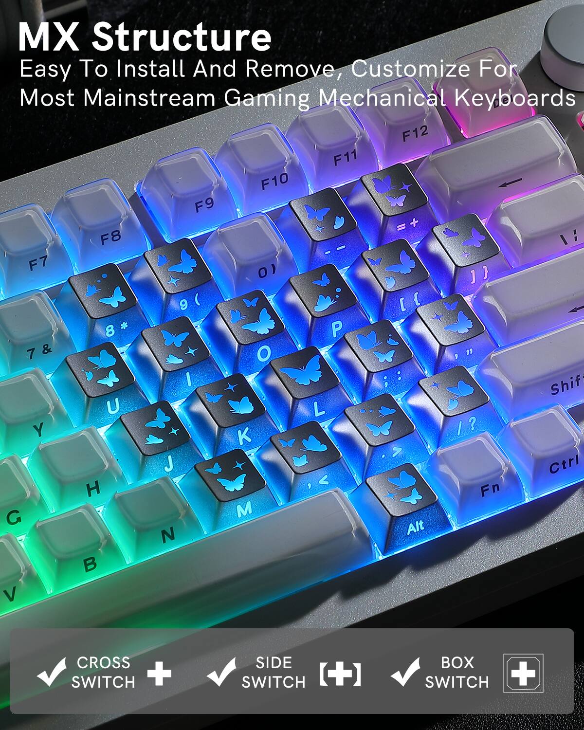MX Structure  
Easy To Install And Remove, Customize For Most Mainstream Gaming Mechanical Keyboards  

F12 F11 F10 F9 F8 F7 0) ] } 9 ( [ { * P 8 7 & O 19 , I Shif U L Y / I  K > J Ctrl 1 < H Fn G M N Alt B V  

CROSS SWITCH + SIDE SWITCH BOX SWITCH +