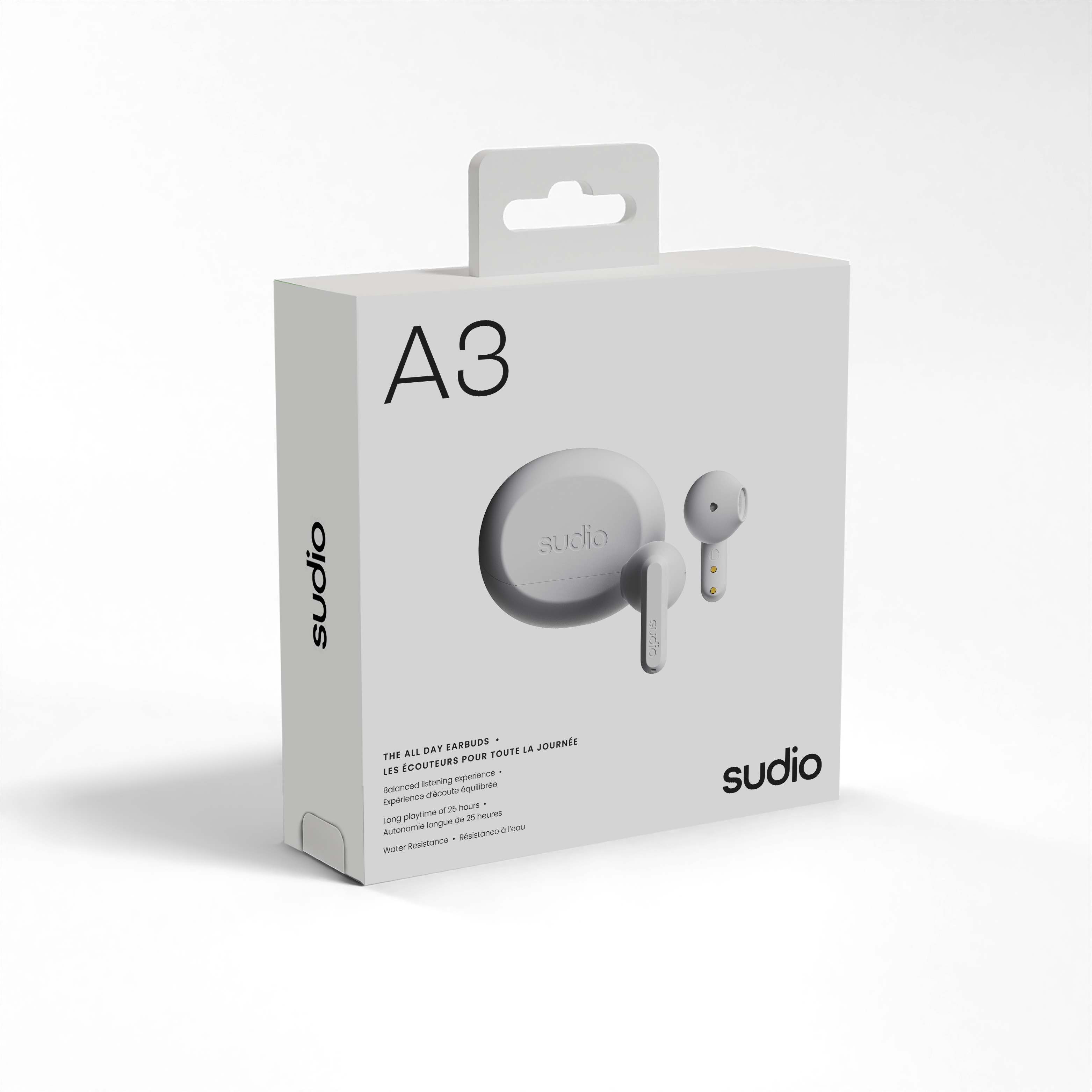 A3 studio  
sudio  
THE ALL DAY EARBUDS  
LES ÉCOUTEURS POUR TOUTE LA JOURNÉE  
Balanced listening experience  
Long playtime of 25 hours  
Autonomie longue durée  
Water Resistance  
- Résistance à l'eau
