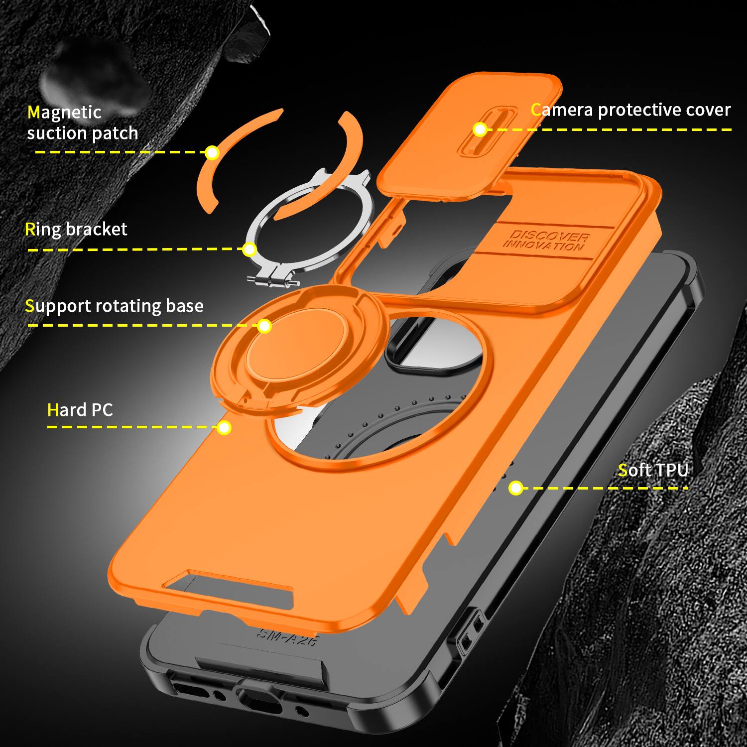 Magnetic suction patch  
Camera protective cover  
Ring bracket  
DISCOVER INNOVATION  
Support rotating base  
Hard PC  
Soft TPU  
SM-A26