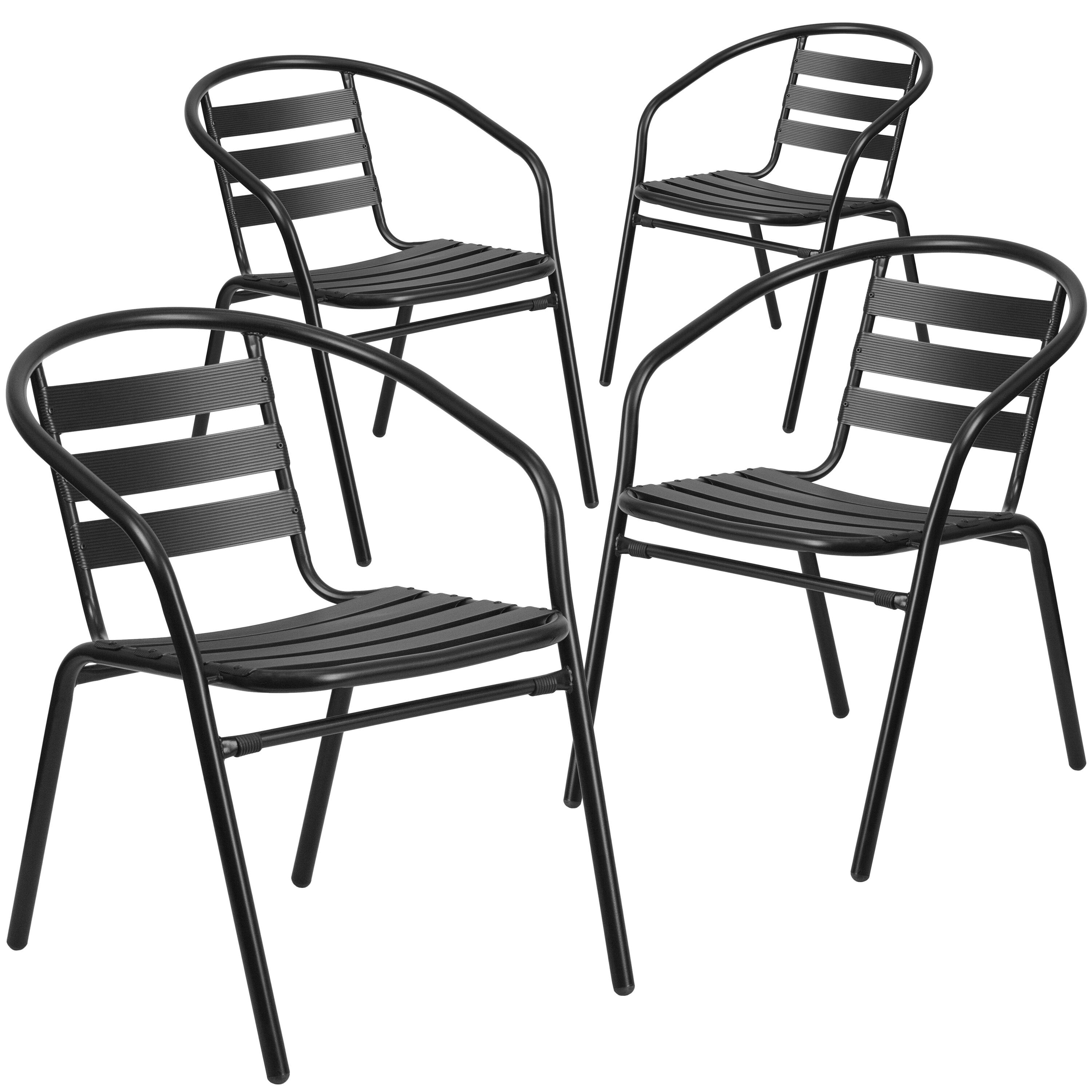 Emma + Oliver - 4 Pack Metal Restaurant Stack Chair with Aluminum Slats - Black