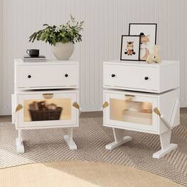 RoyalCraft - Nightstand with LED, Rotating Drawer and Glass Door - White