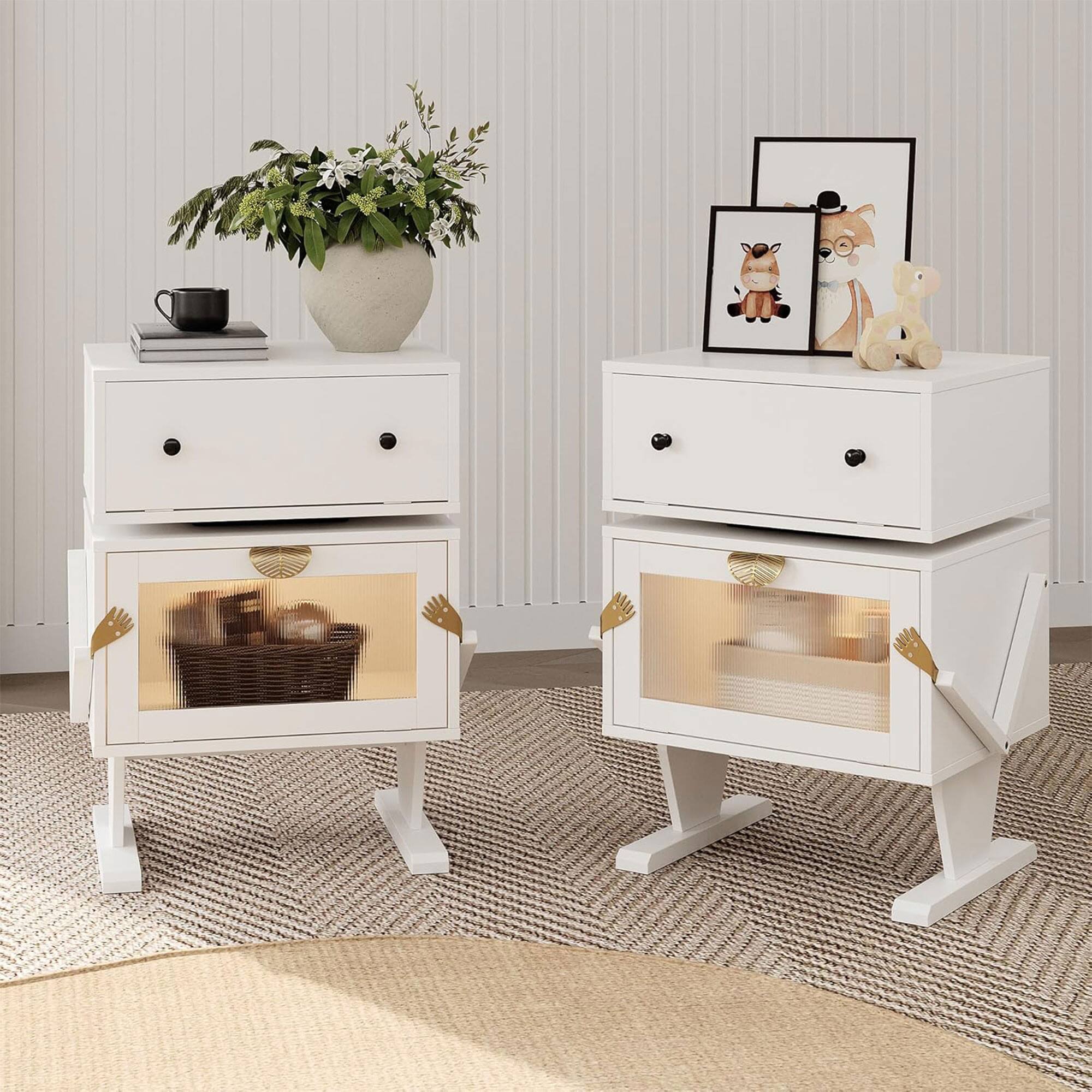 Front. RoyalCraft - RoyalCraft Nightstand with LED, Rotating Drawer and Glass Door, White - White.