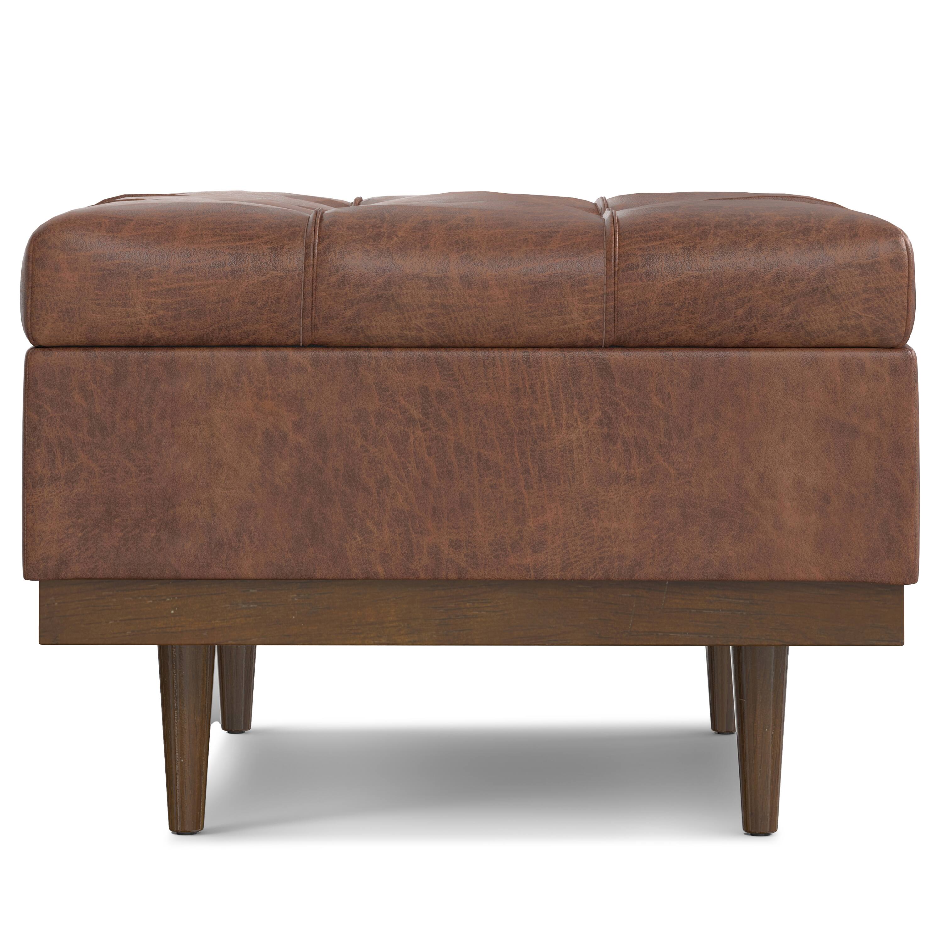 Alt View 1. Simpli Home - Mariah 34 inch Contemporary Rectangle Coffee Table Storage Ottoman in Distressed Saddle Brown Faux Leather, Assembled - Distressed Saddle Brown.