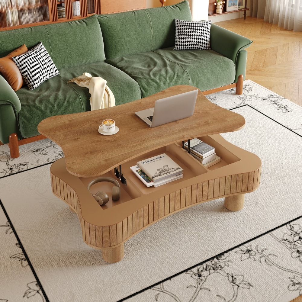 Loheer - 42 inch coffee table, lift top coffee table with hidden storage and fluted panels - Light Brown