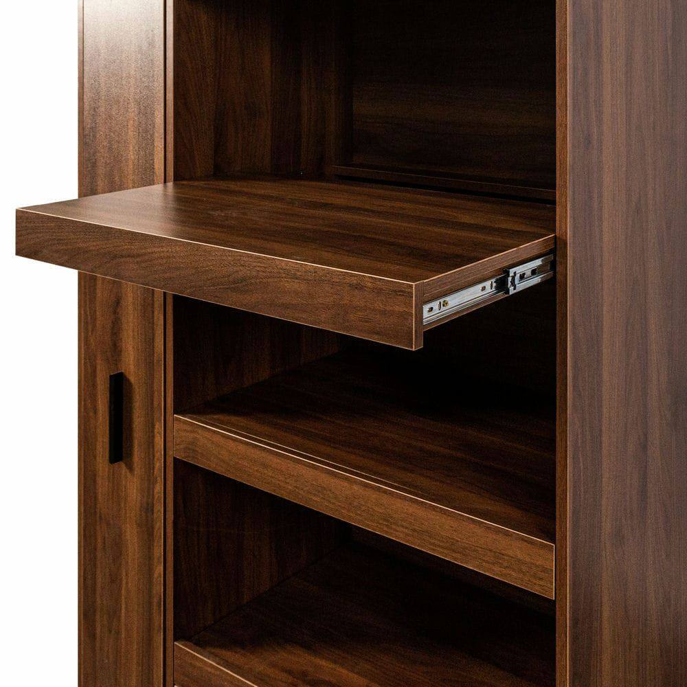 Back. Kadyn - 71-Inch Kitchen Pantry Cabinet with Aluminum Frame Glass Door - Walnut - Brown.
