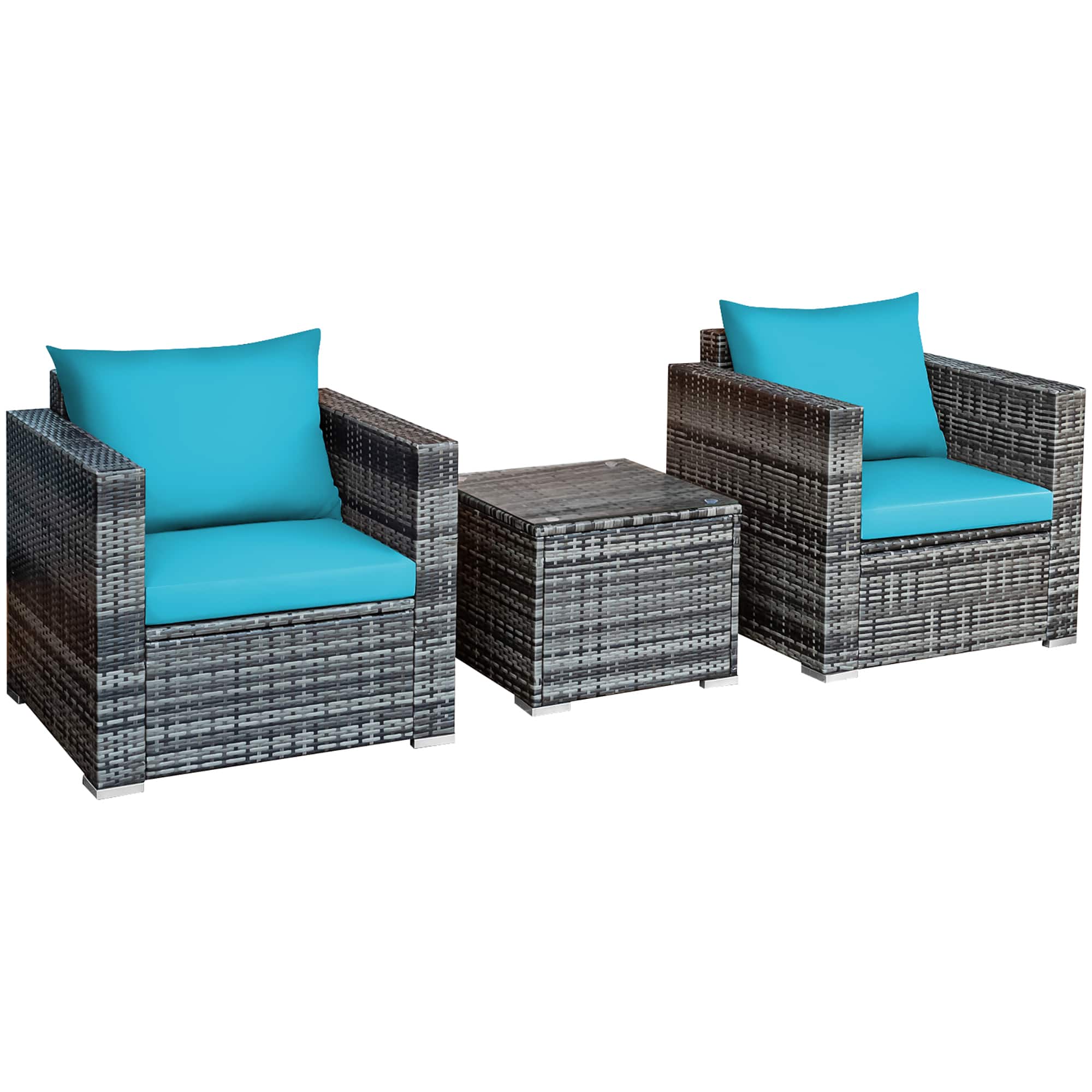 Angle. Costway - 3 PC Patio Rattan Furniture Bistro Set Cushioned Sofa Chair - Turquoise.