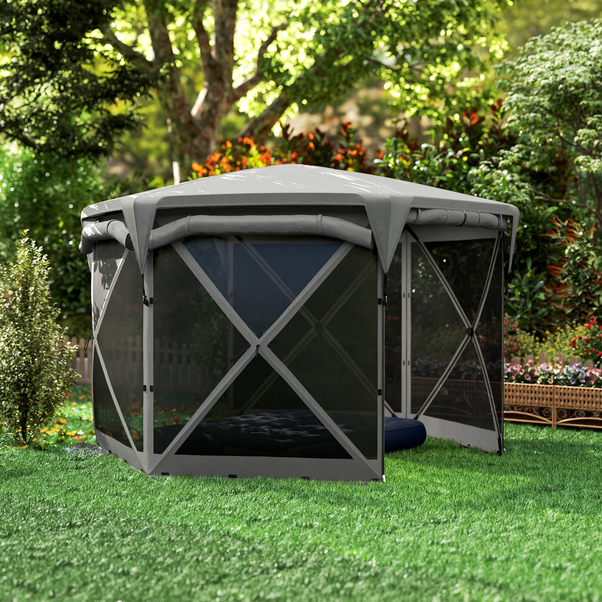 Alt View 4. Outsunny - Pop Up Gazebo Screen Tent House, 11 x 11ft with UPF30+ Removable Roof Cover, 4 Roll-up Wind Panels and Carry Bag - Dark Gray.