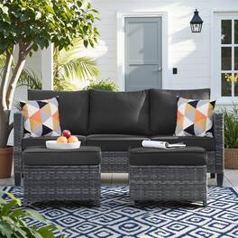Ovios - 3 PCS Patio Furniture Set, Rattan Wicker Conversation Couch with Ottoman - Black