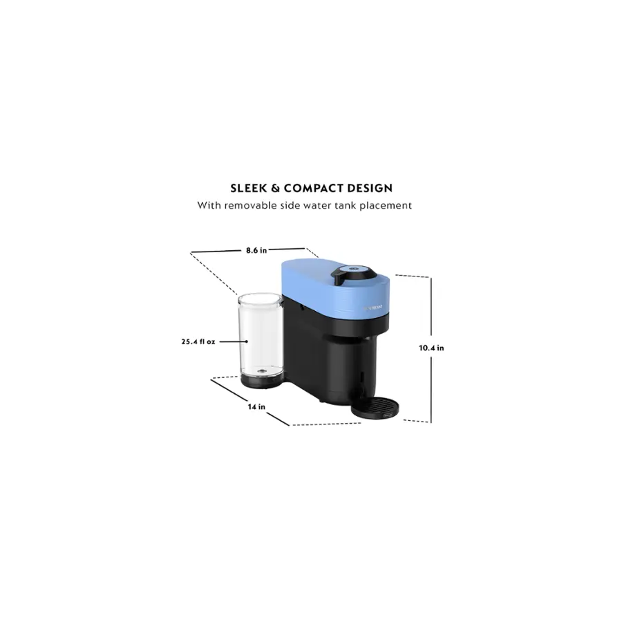 The image features a sleek and compact design with a removable side water tank placement. The dimensions of the product are 8.6 inches in height and 25.4 fluid ounces in volume. The width is 10.4 inches, and the depth is 14 inches.
