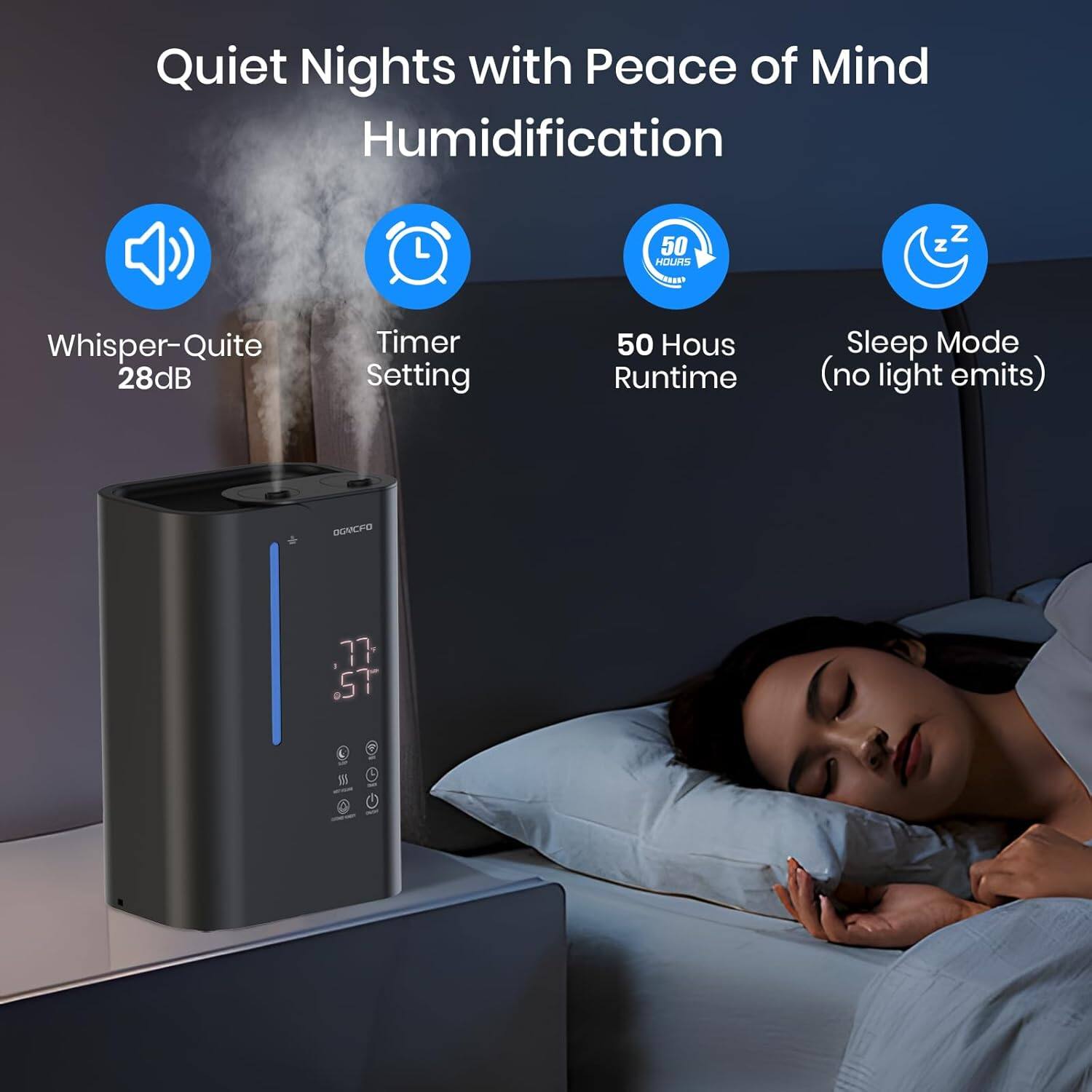 Quiet Nights with Peace of Mind Humidification

- Whisper-Quite 28dB
- Timer Setting
- 50 Hours Runtime
- Sleep Mode (no light emits)