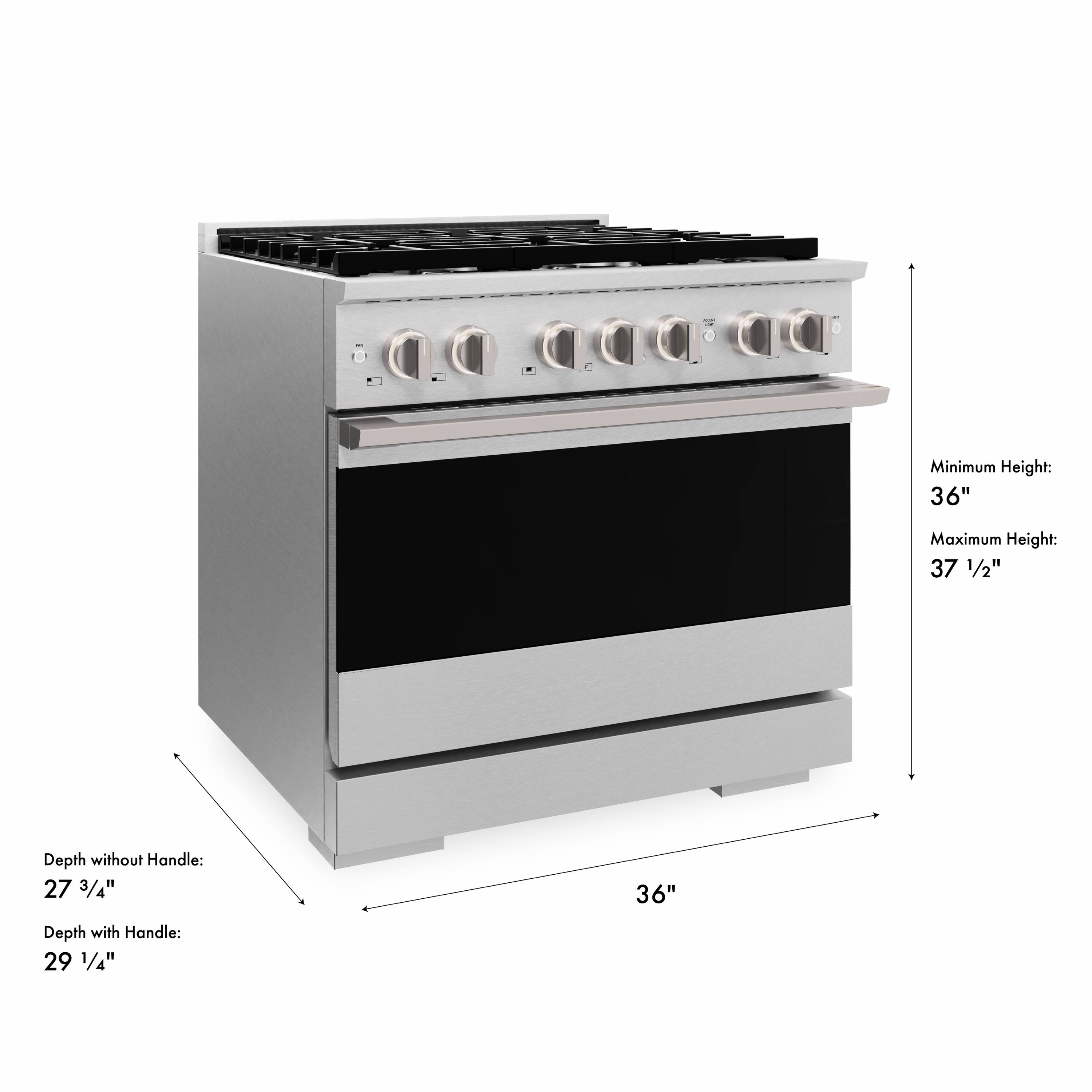 Minimum Height: 36"  
Maximum Height: 37 1/2"  
Depth without Handle: 27 3/4"  
Depth with Handle: 29 1/4"