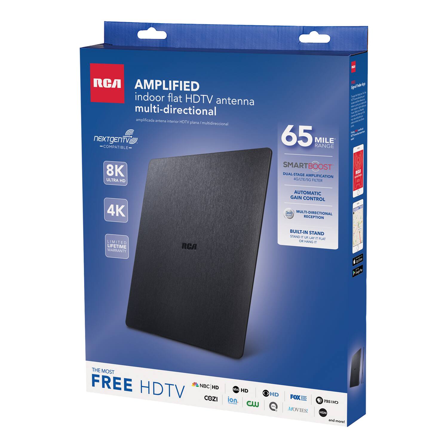 - RCA AMPLIFIED indoor flat HDTV antenna multi-directional amplificada antena interior HDTV plana mutidireccional nEXTgENTV! COMPATIBLE 8K ULTRA HD u Suiidi son - - - 1 - - 65 RANGE MILE - SMARTBOOST 0 DUAL-STAGE AMPLIFICATION - 4G/LTE/SG FILTER a 4K AUTOMATIC GAIN CONTROL 340 MULTI-DIRECTIONAL MULTI RECEPTION LIMIT LIFETIME WARRANTY RCA BUILT-IN STAND SIAND a1 5 LA 11 PLA de PAI  Sle  THE MOST FREE HDTV NBC/HD HD abe HD COZI ion.  HD FOX m MOVIESE  SID FRE  - - mueut