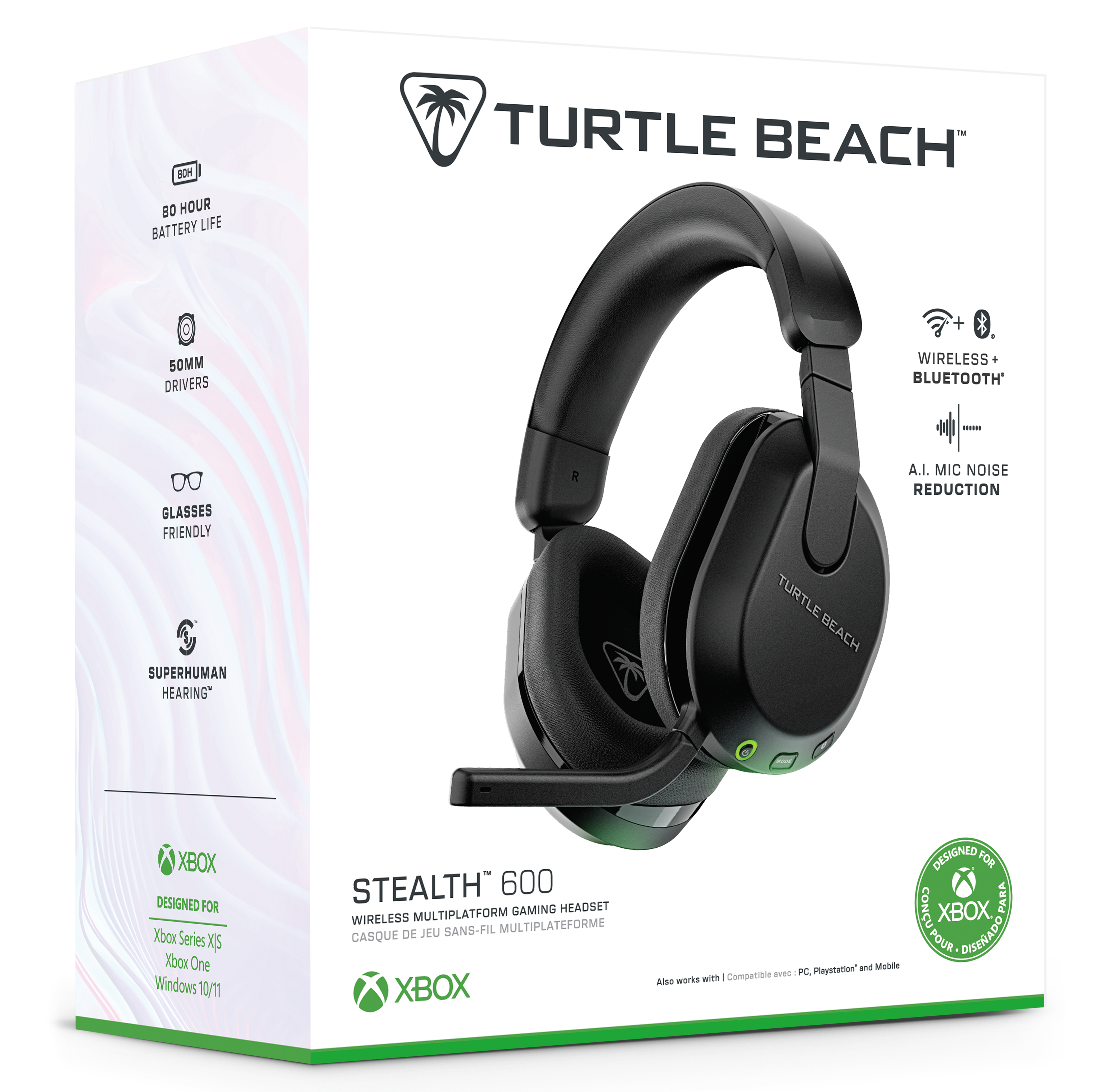 Turtle Beach Stealth 600 Gaming Headset: Wireless, Multiplatform, Xbox Designed, Superhuman Hearing, A.I. Mic Noise Reduction, 50mm Drivers, Bluetooth, Glasses Friendly, 600 Hour Battery Life, Xbox Series X|S, Xbox One, Windows PC.