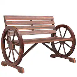 Outsunny - 41" Wooden Wagon Wheel Bench, Rustic Outdoor Patio Weather Resistance Furniture, 2-Seat Bench with Backrest - Brown