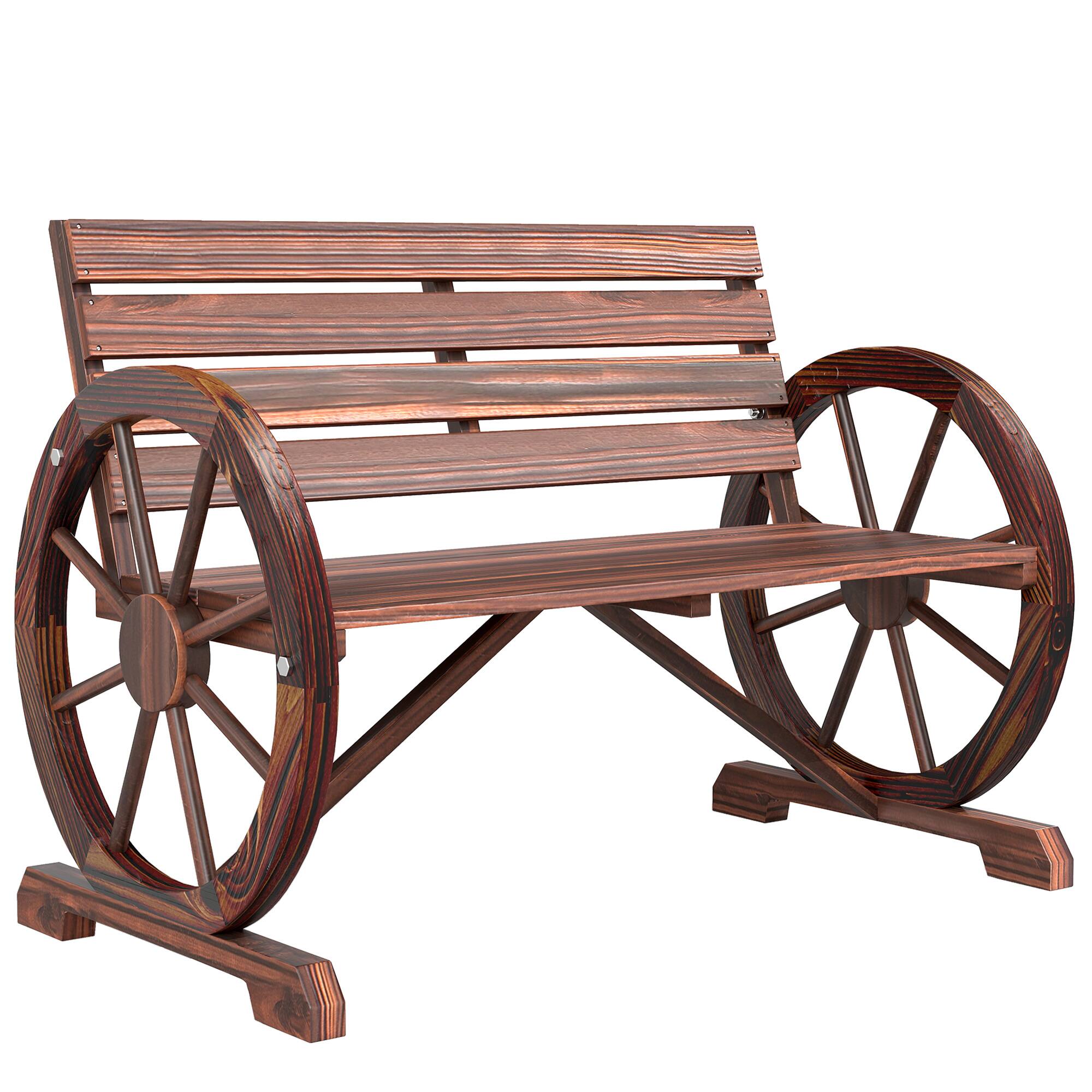 Outsunny - 41" Wooden Wagon Wheel Bench, Rustic Outdoor Patio Weather Resistance Furniture, 2-Seat Bench with Backrest - Brown