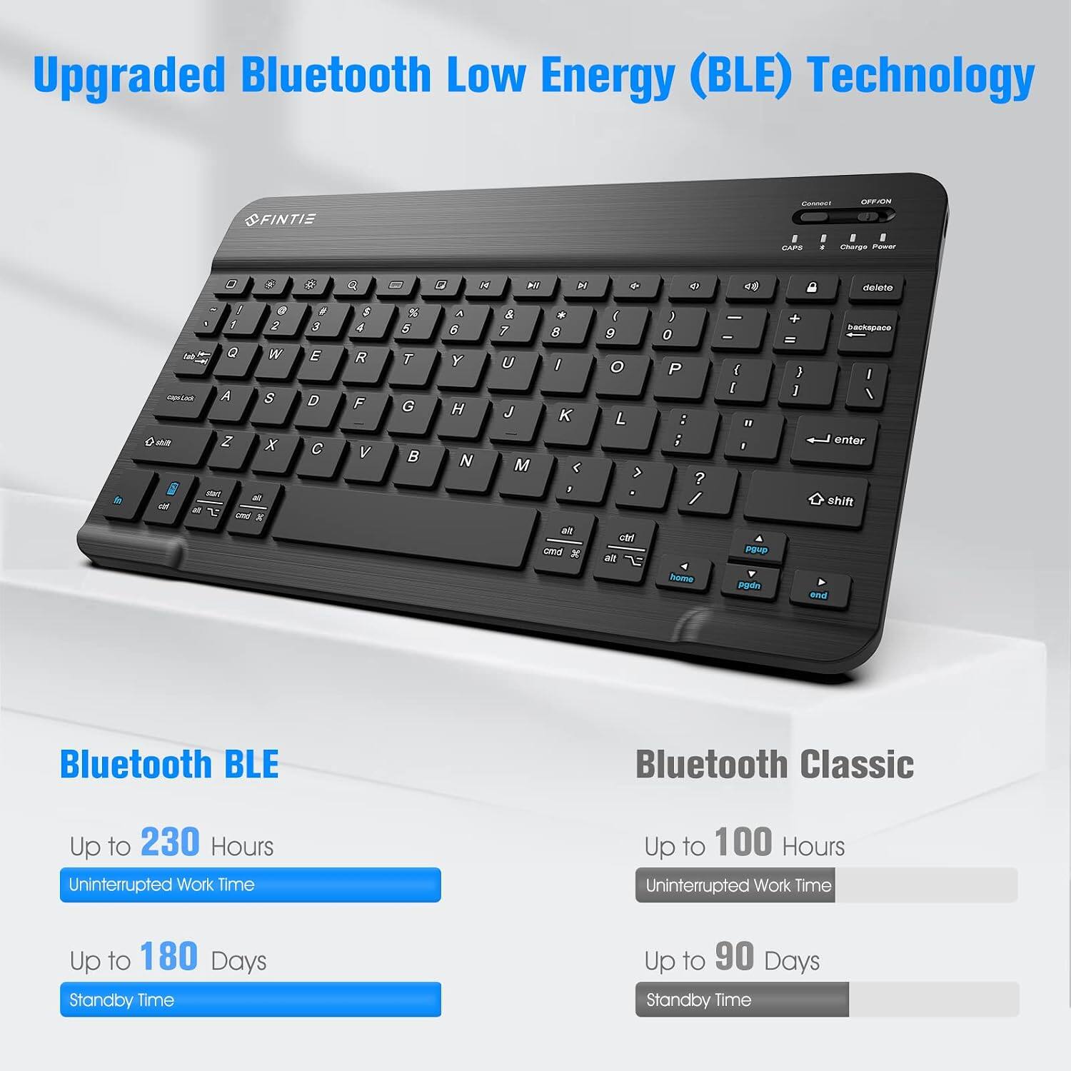 Upgraded Bluetooth Low Energy (BLE) Technology

OFINTIE

Connect OFFION I I I I CAPS I Charge Power

G
S

a
G
N
XII


G
delete
/ 1 1 0 applact A Z Z-
@ 2 W S X
1 3 E D C
$ 4 R F V
% 5 T G 
A 6 Y H N
& 7 U J M
* 8 I   ,
) 9 O L >
) 0 P : i ? /
- - { I II I
+ = } I
backspace / / enter shift
cmd
ctrl at
home
pgup pgdro
end

Bluetooth BLE
Bluetooth Classic
Up to 230 Hours Uninterrupted Work Time
Up to 100 Hours Uninterrupted Work Time
Up to 180 Days Standby Time
Up to 90 Days Standby Time
